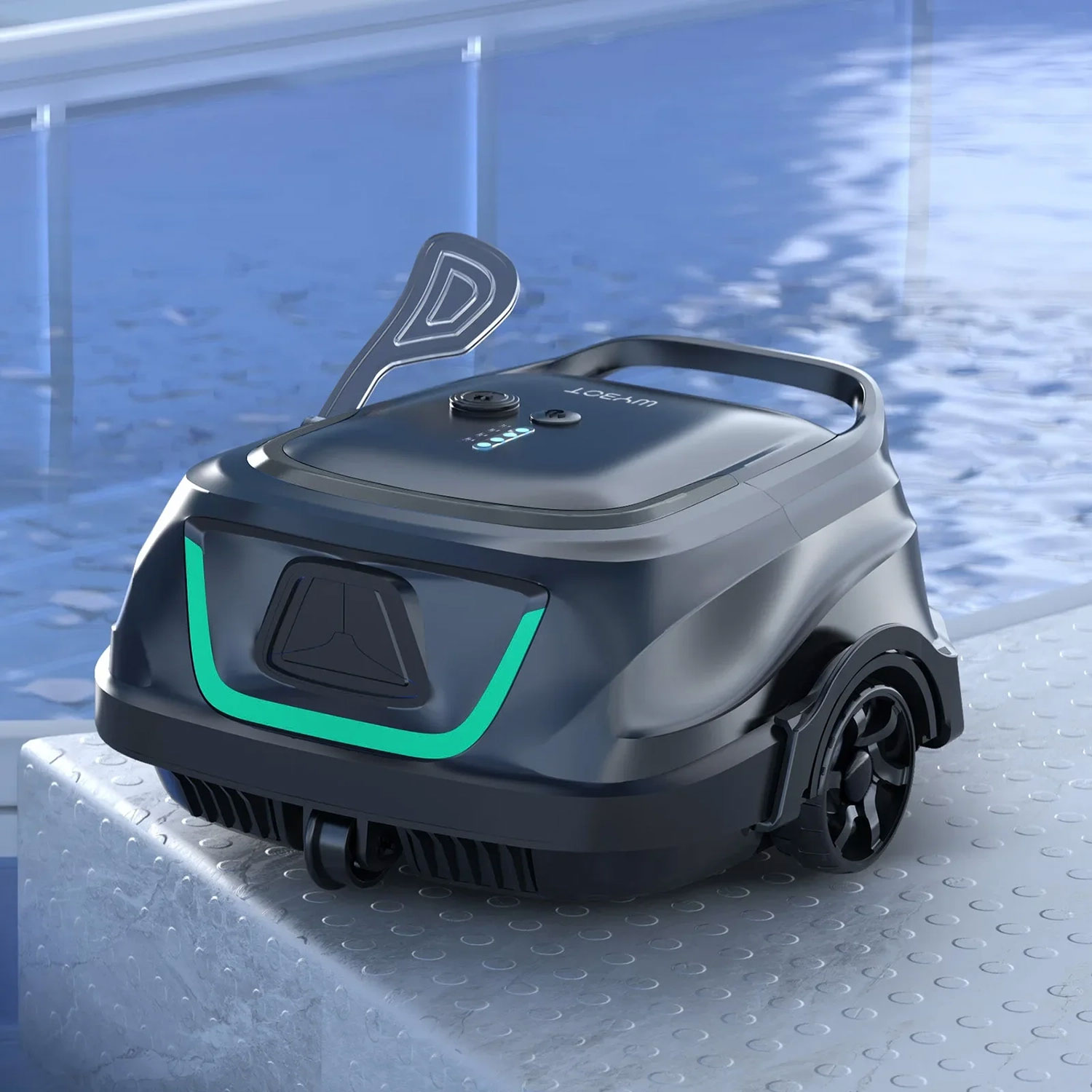 Ein schwarzer Roboter-Poolreiniger mit grünen Akzenten steht auf dem Pooldeck.