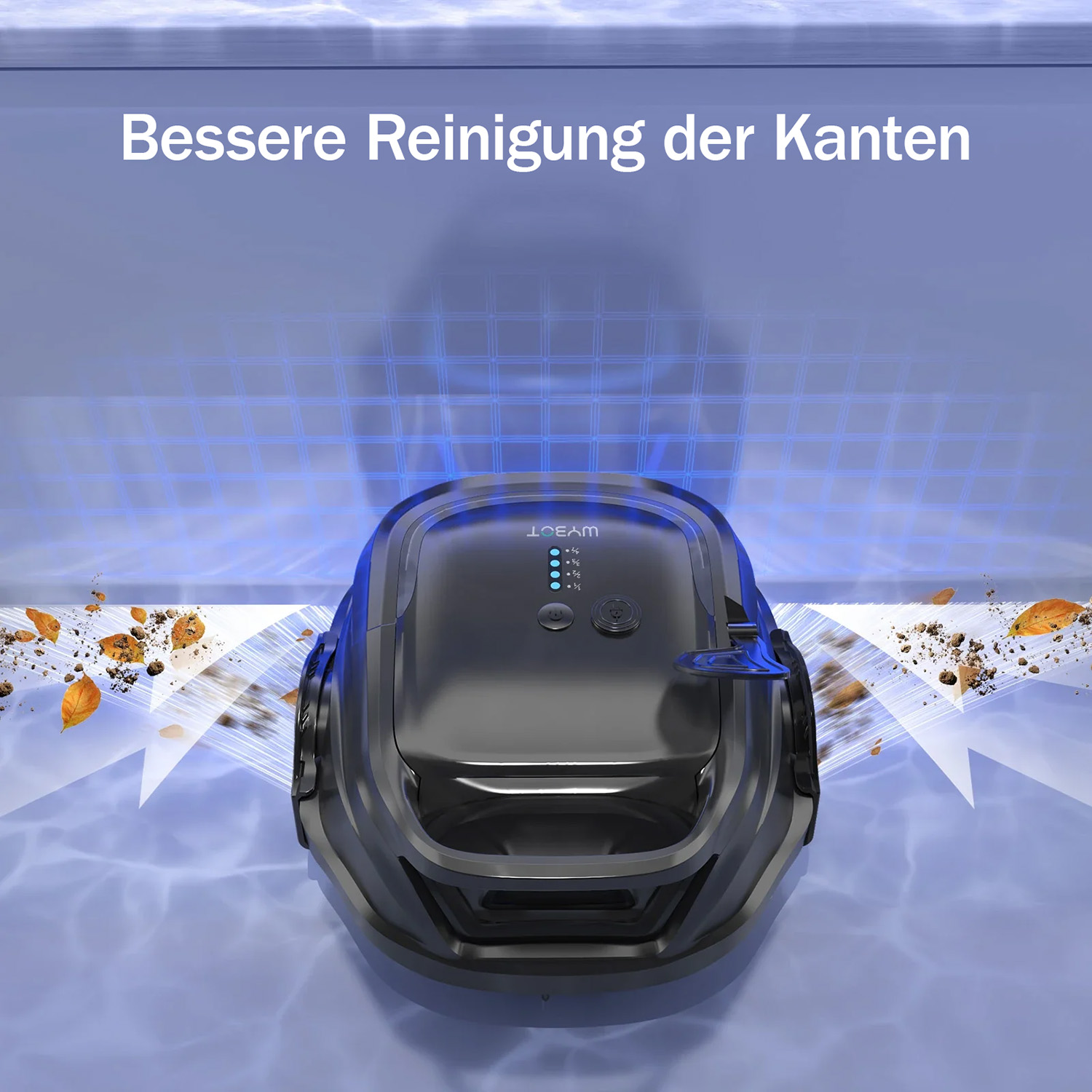 Ein schwarzer Saugroboter reinigt Kanten mit Blättern und Schmutz.