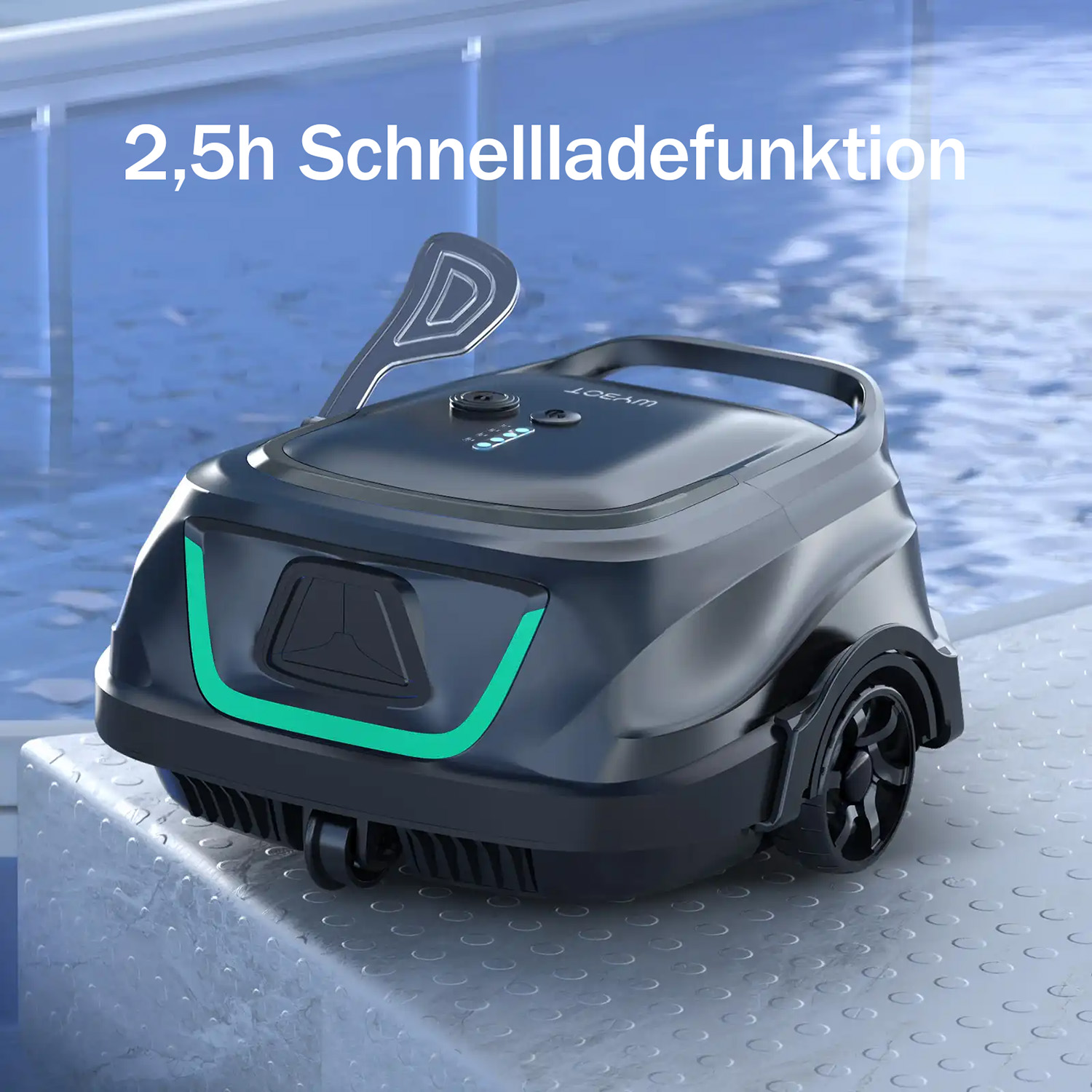 Ein schwarzer Poolroboter mit grünen Akzenten steht am Beckenrand.