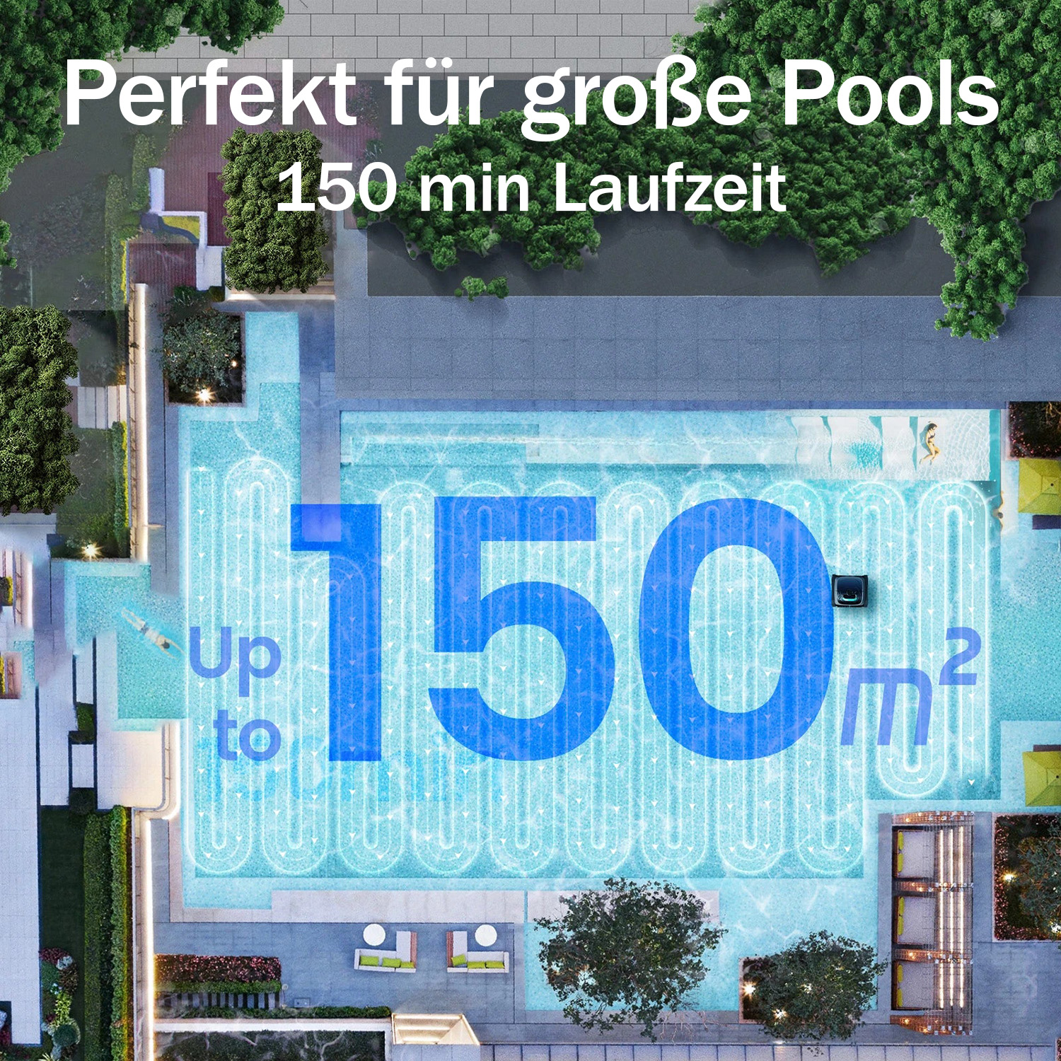 Duży basen o powierzchni 150m², działa 150 min. Idealny do dużych basenów.