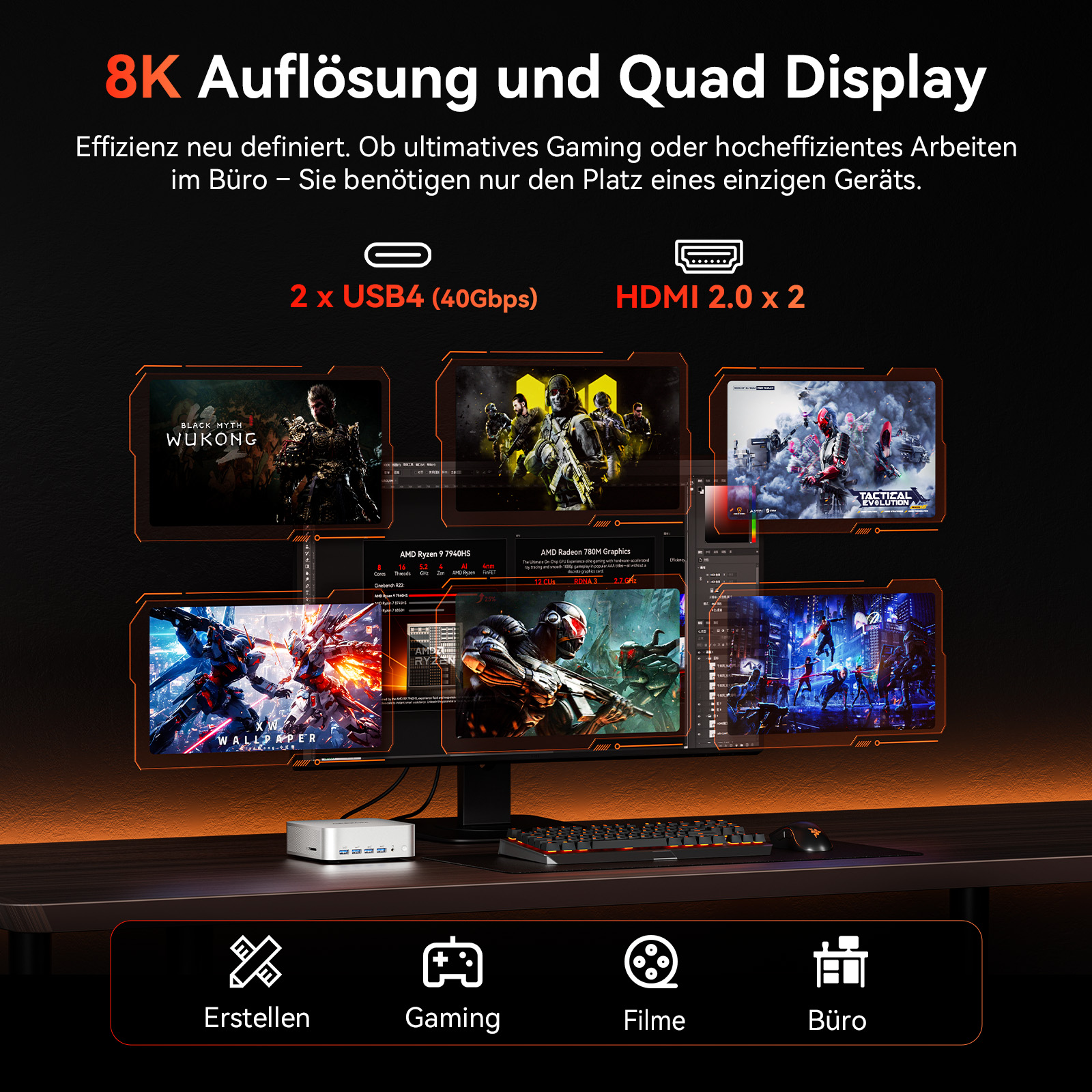 Ein Schreibtisch mit einem Monitor, der Spiele und Systeminfos anzeigt. Mit Icons für Erstellen, Gaming, Filme, Büro.