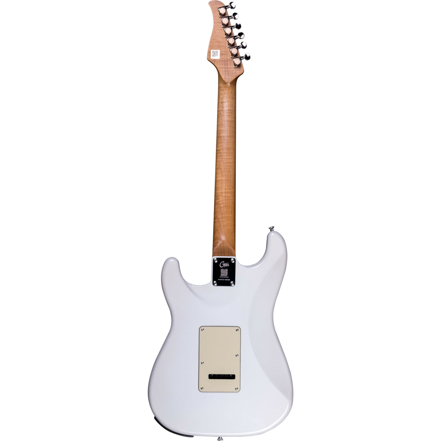 Ahşap damarlı sapı ve gümüş akort burguları olan beyaz elektro gitarın arka görünümü.