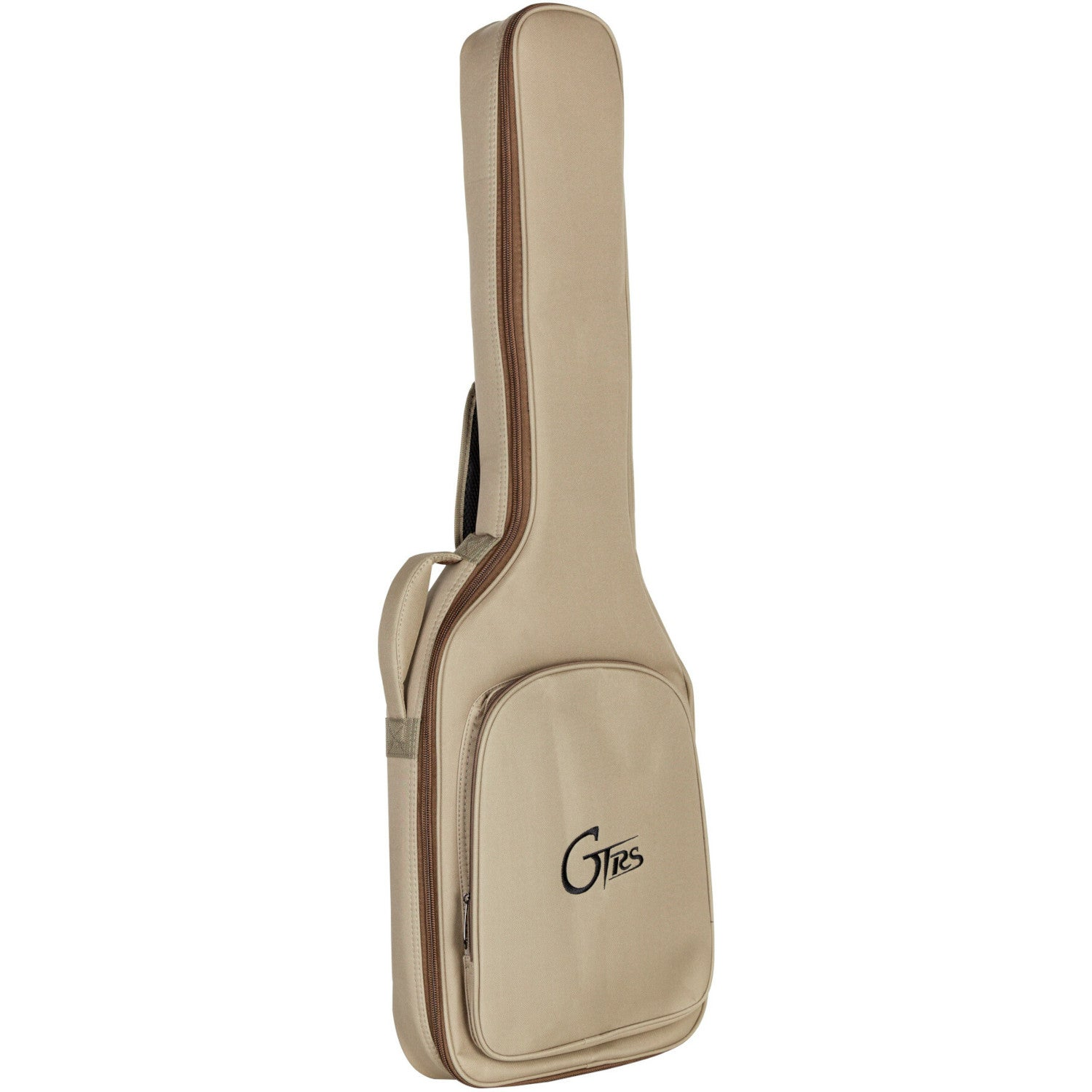 Kahverengi fermuarlı ve logolu bej gitar çantası.