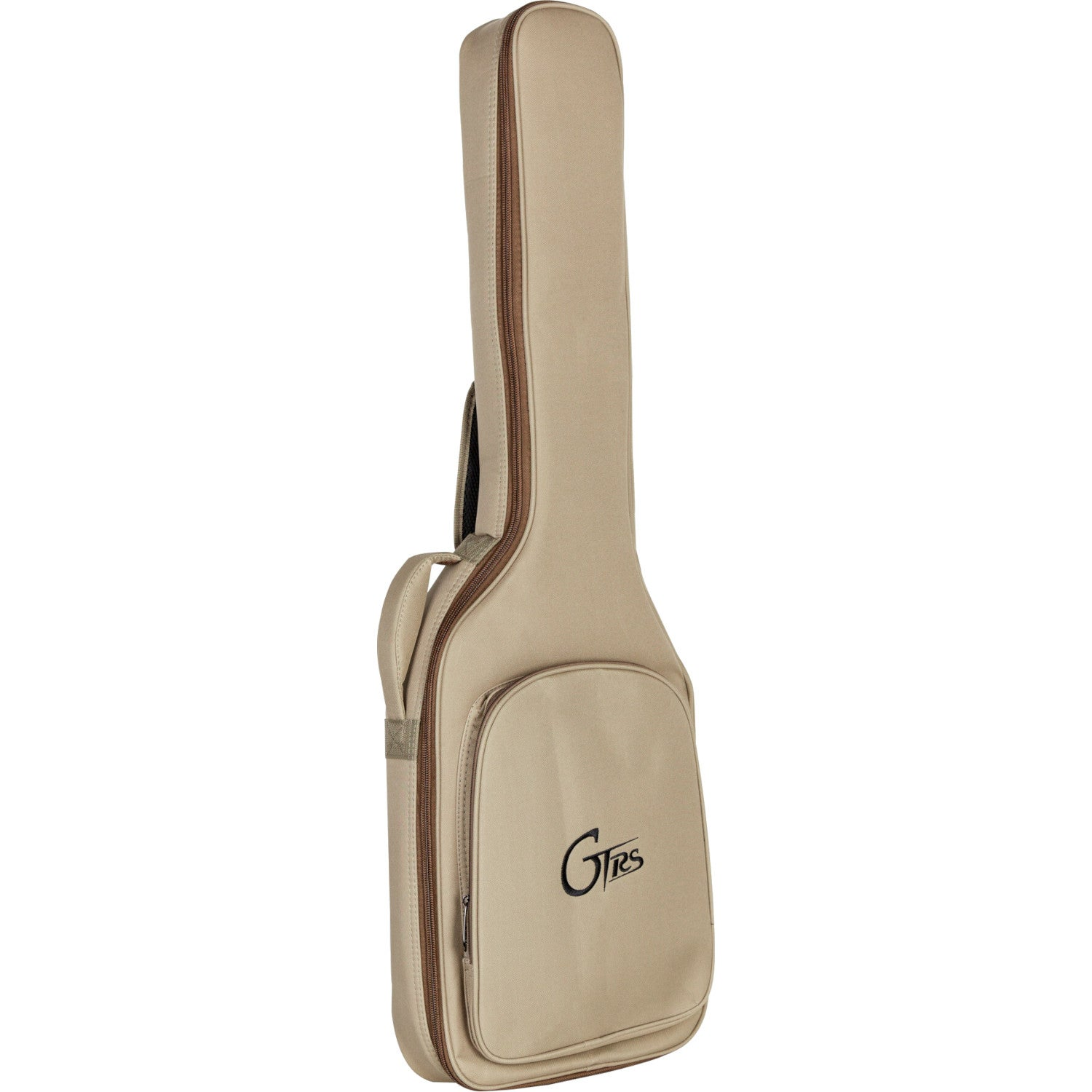 Logolu, kahverengi fermuarlı bej gitar çantası.