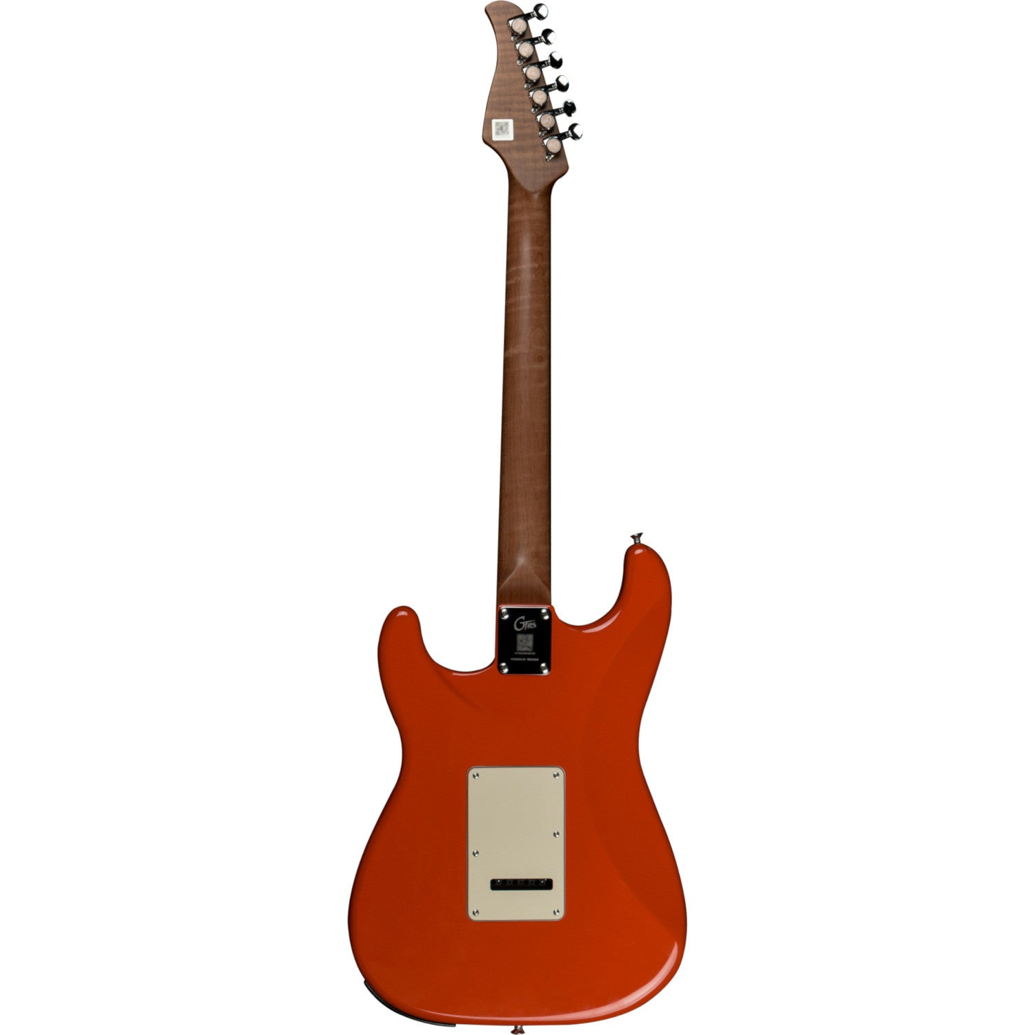 Arkadan gorunen parlak turuncu elektro gitar, kahverengi sapti ve gumus burgulari var.
