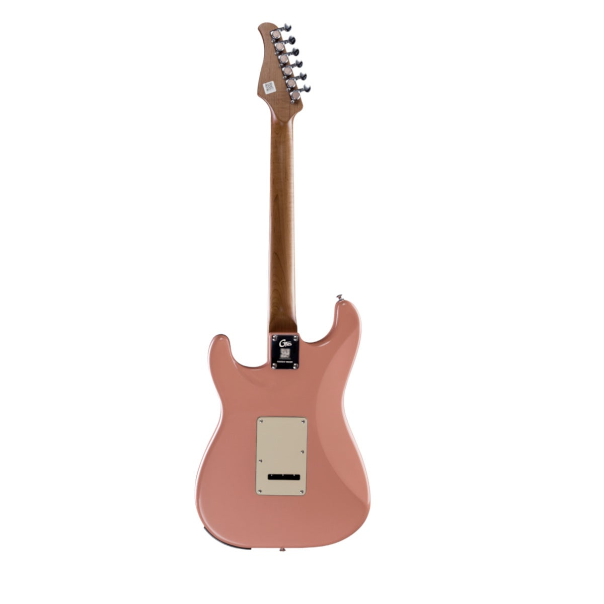 Ahşap saplı ve gümüş burgulu pembe elektro gitarın arka görünümü.