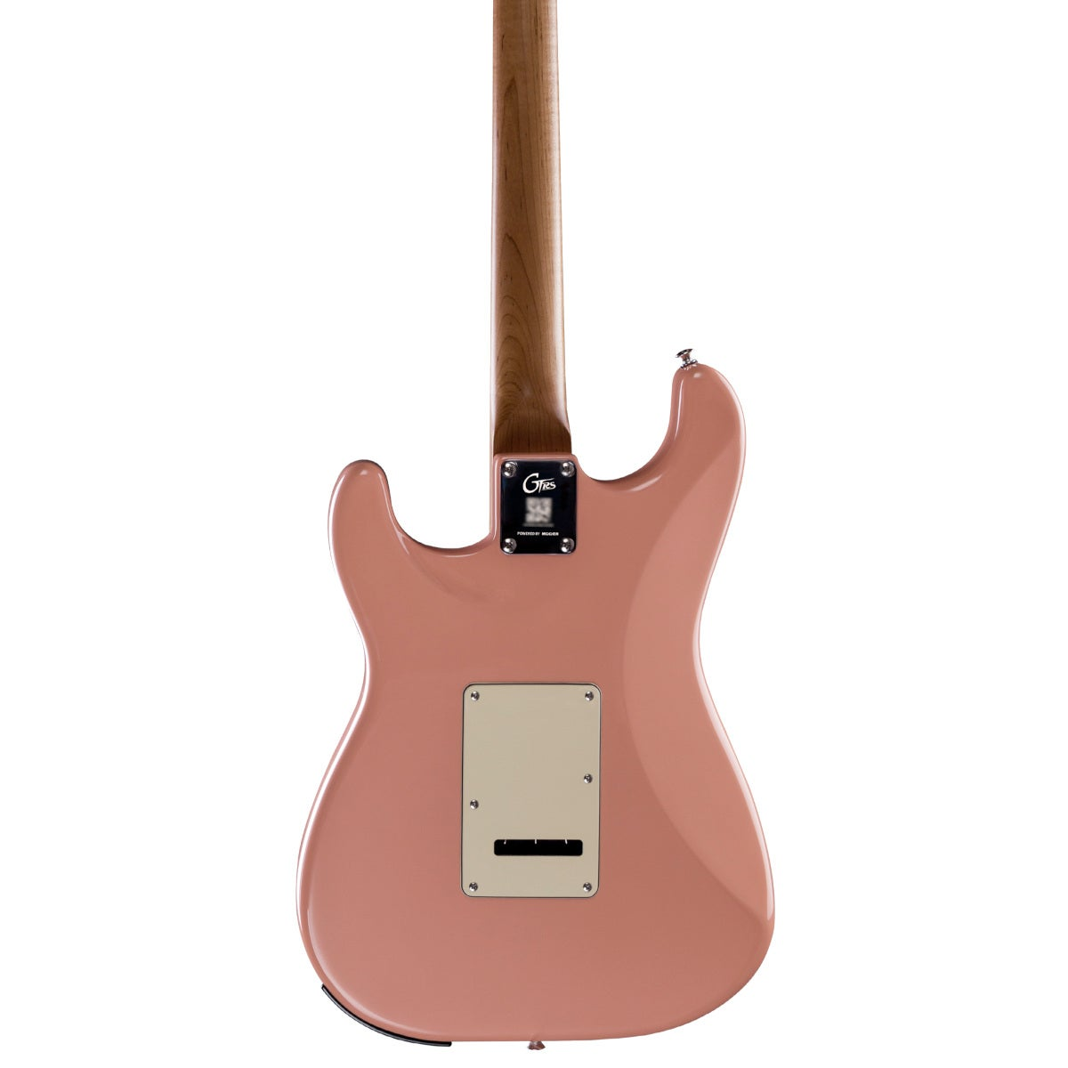 Ahşap damarlı saplı ve krem rengi plakalı mercan pembe elektro gitarın arkası.