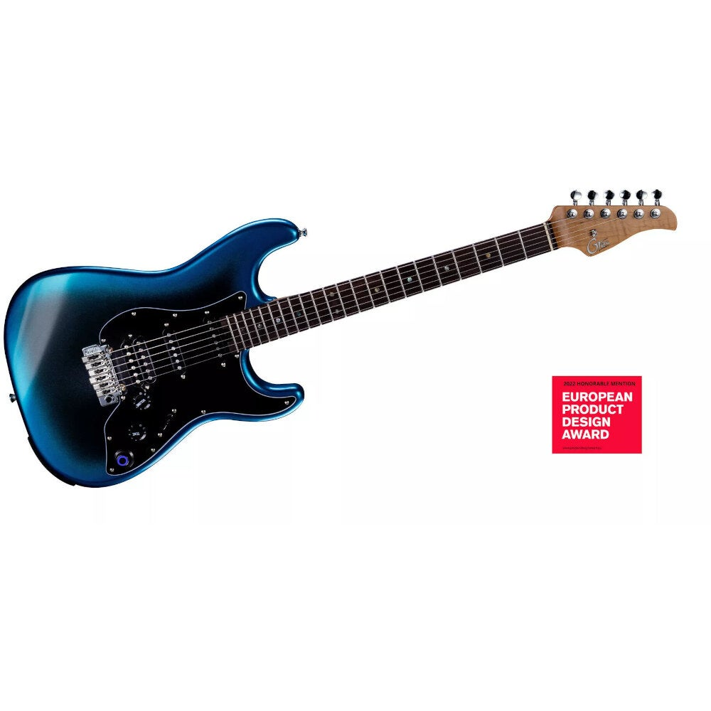 Siyah pena korumalı mavi elektro gitar ve kırmızı ödül rozeti.