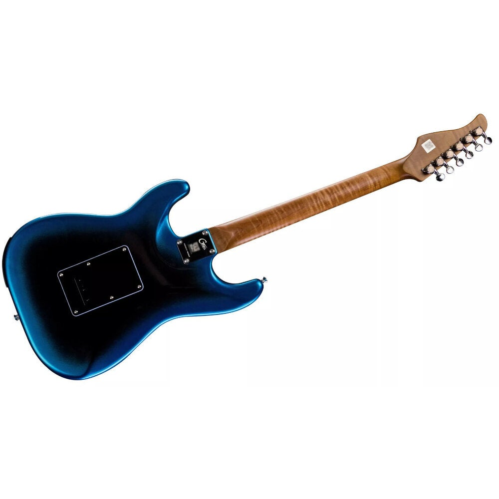 Ahşap saplı ve başlı mavi elektro gitar, arkadan görünüşü.
