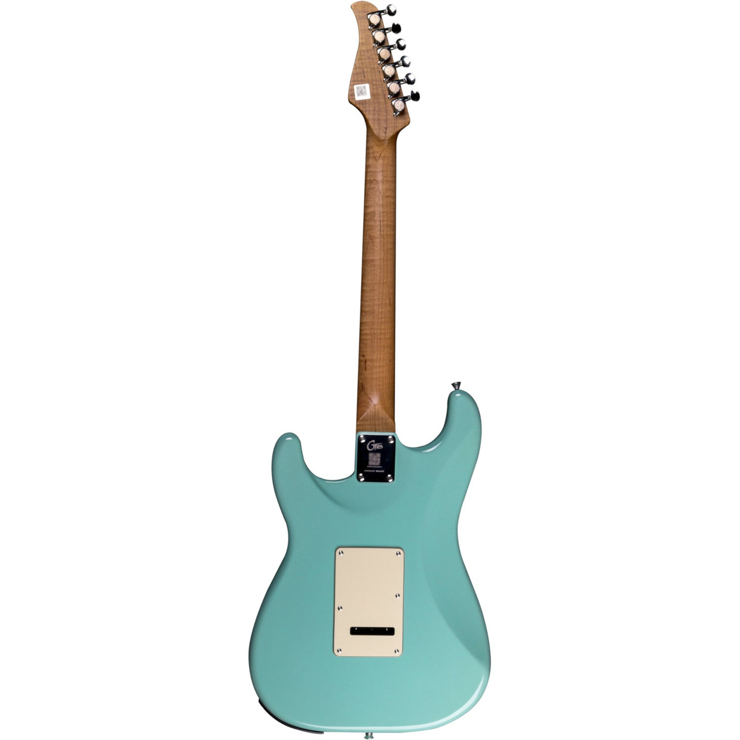 Turkuaz elektro gitar, arka görünüm, doğal ahşap sap ve başlık ile.