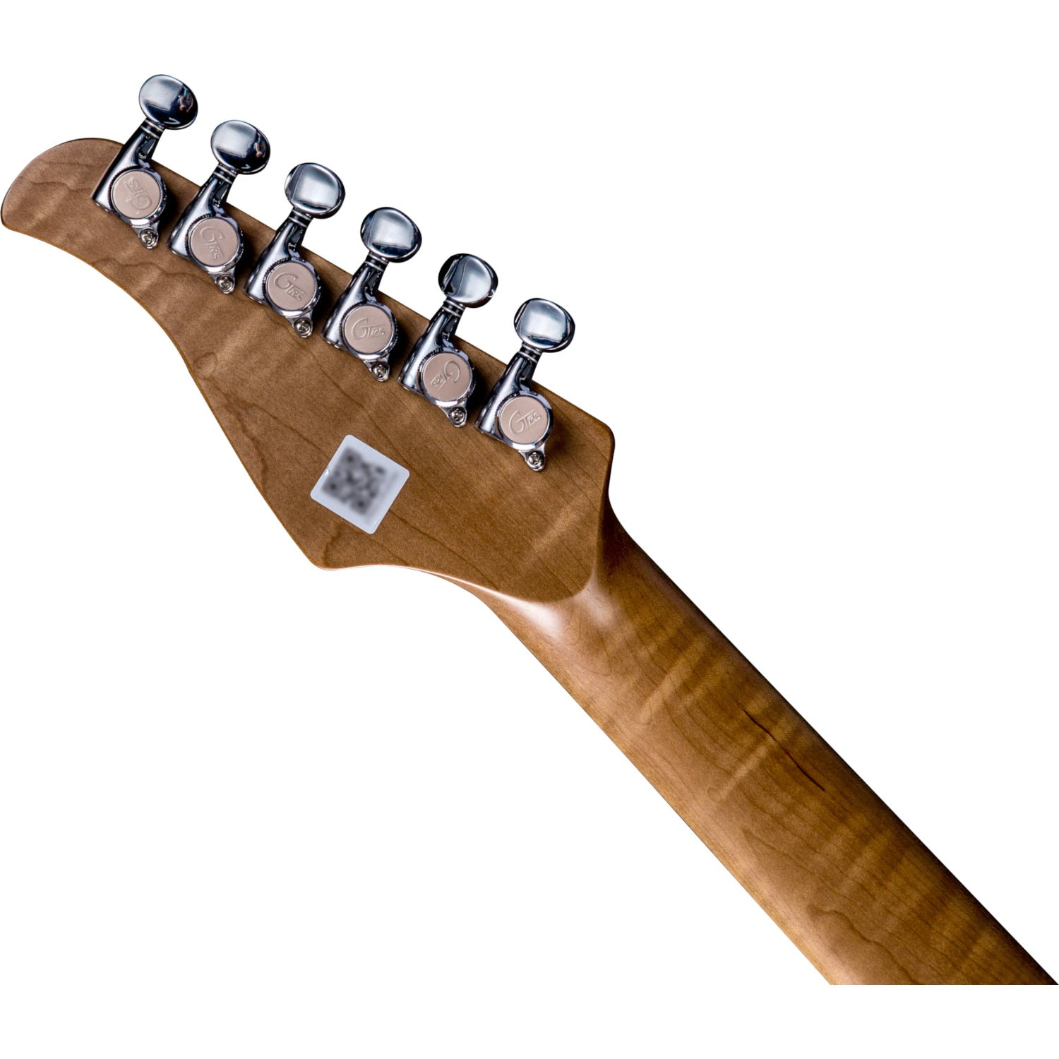 Altı akort burgusu ve çıkartma bulunan gitar sapının arkası.