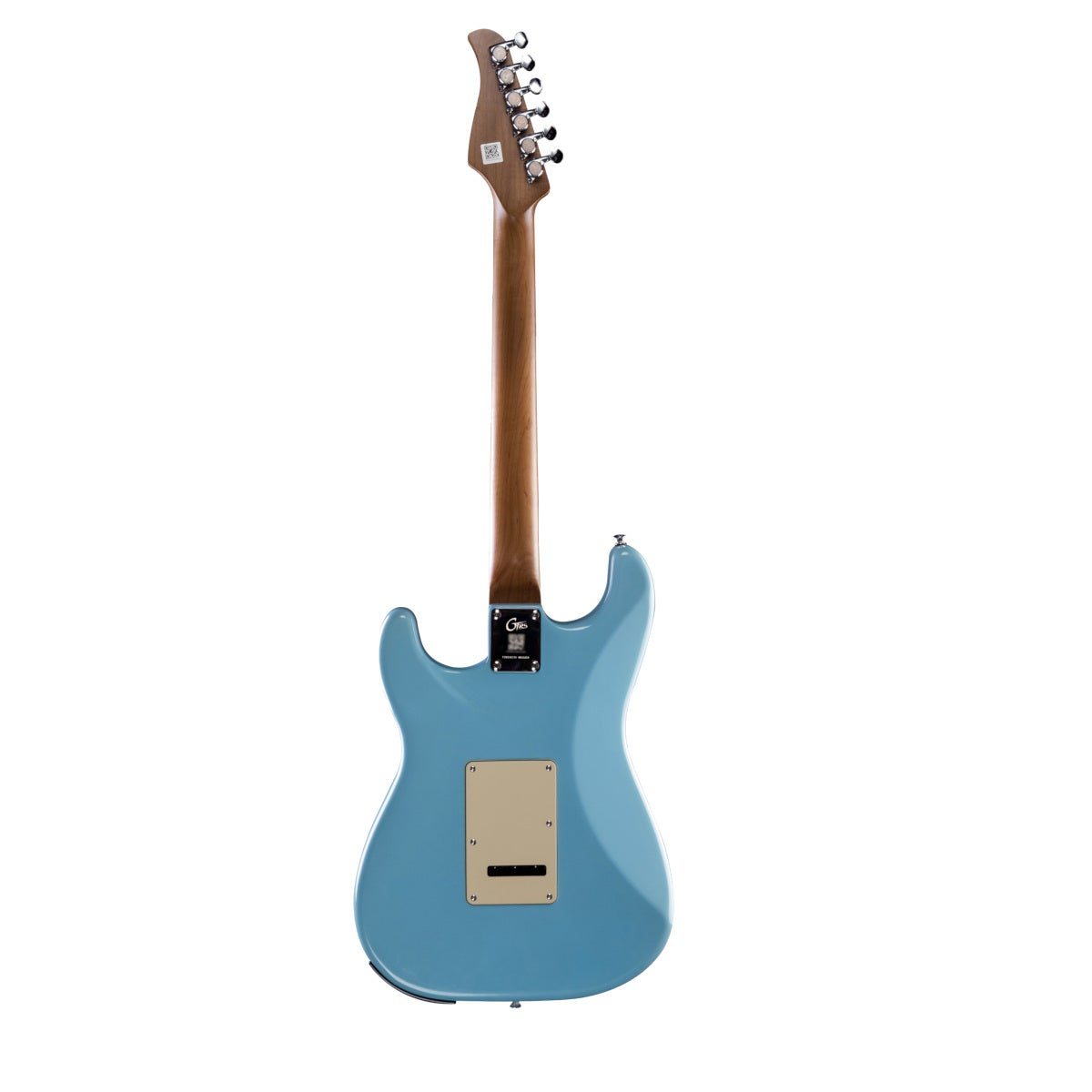 Ahşap saplı ve gümüş burgulu açık mavi elektro gitarın arka görünümü.