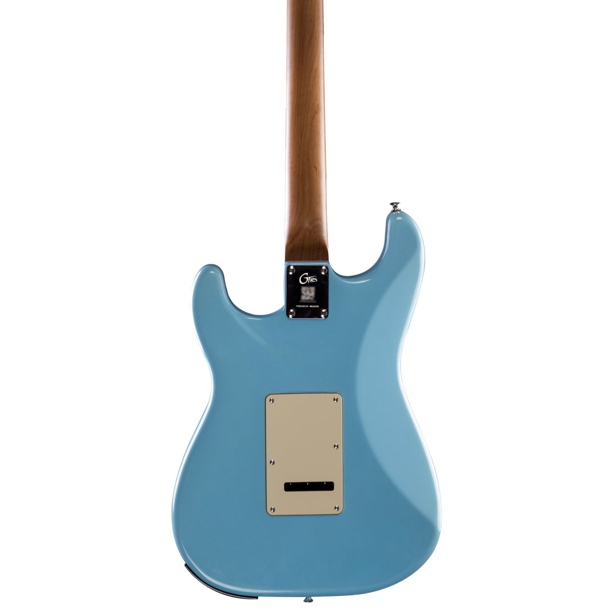 Krem renkli plakalı ve ahşap saplı açık mavi elektro gitar.