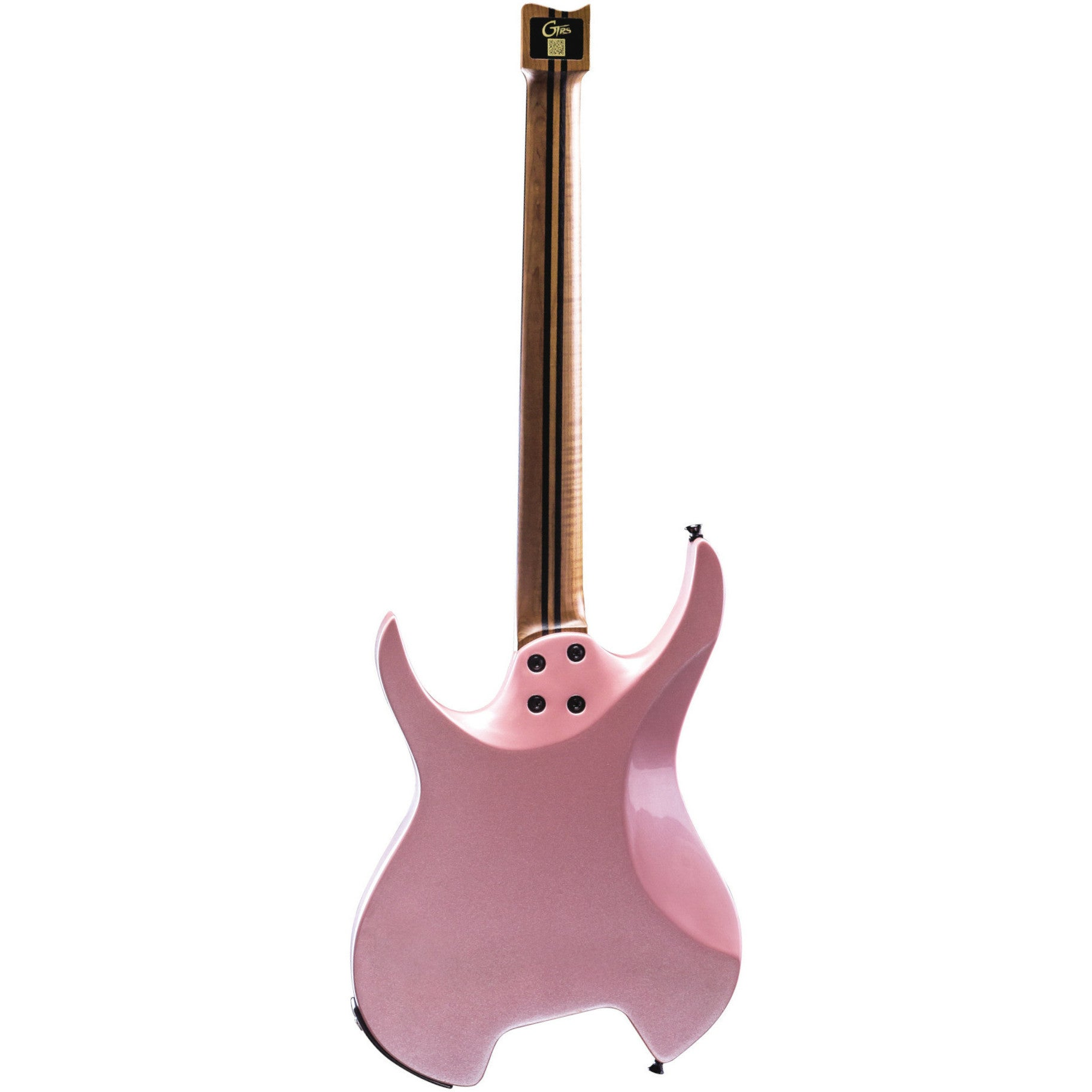 Çizgili ahşap sapa sahip, ışıltılı, gül altın rengi elektro gitarın arka görünümü.