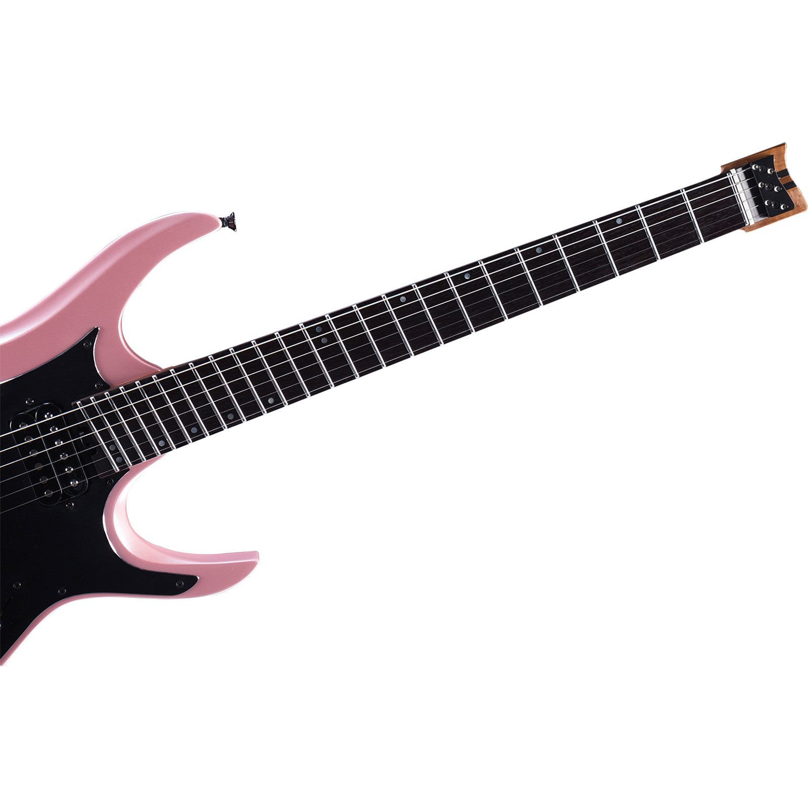 Siyah klavyeli ve manyetikli pembe elektro gitar.