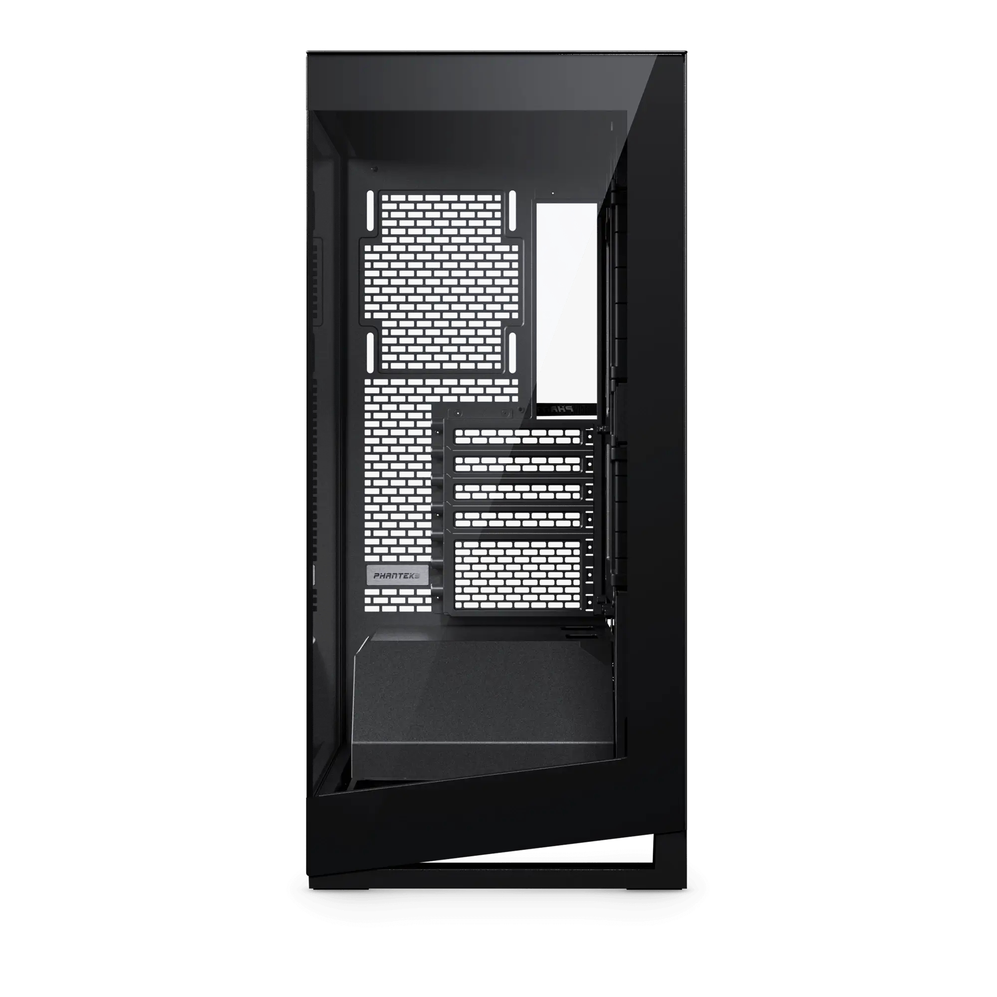 Boîtier d'ordinateur noir avec façade en verre et cache d'alimentation.