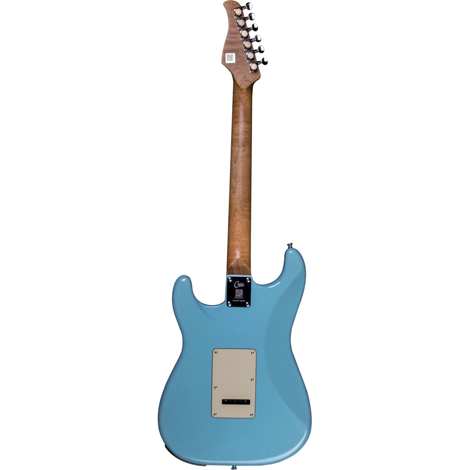 Açık mavi elektro gitarın arkası, ahşap damarlı sapı ve gümüş burguları görünüyor.