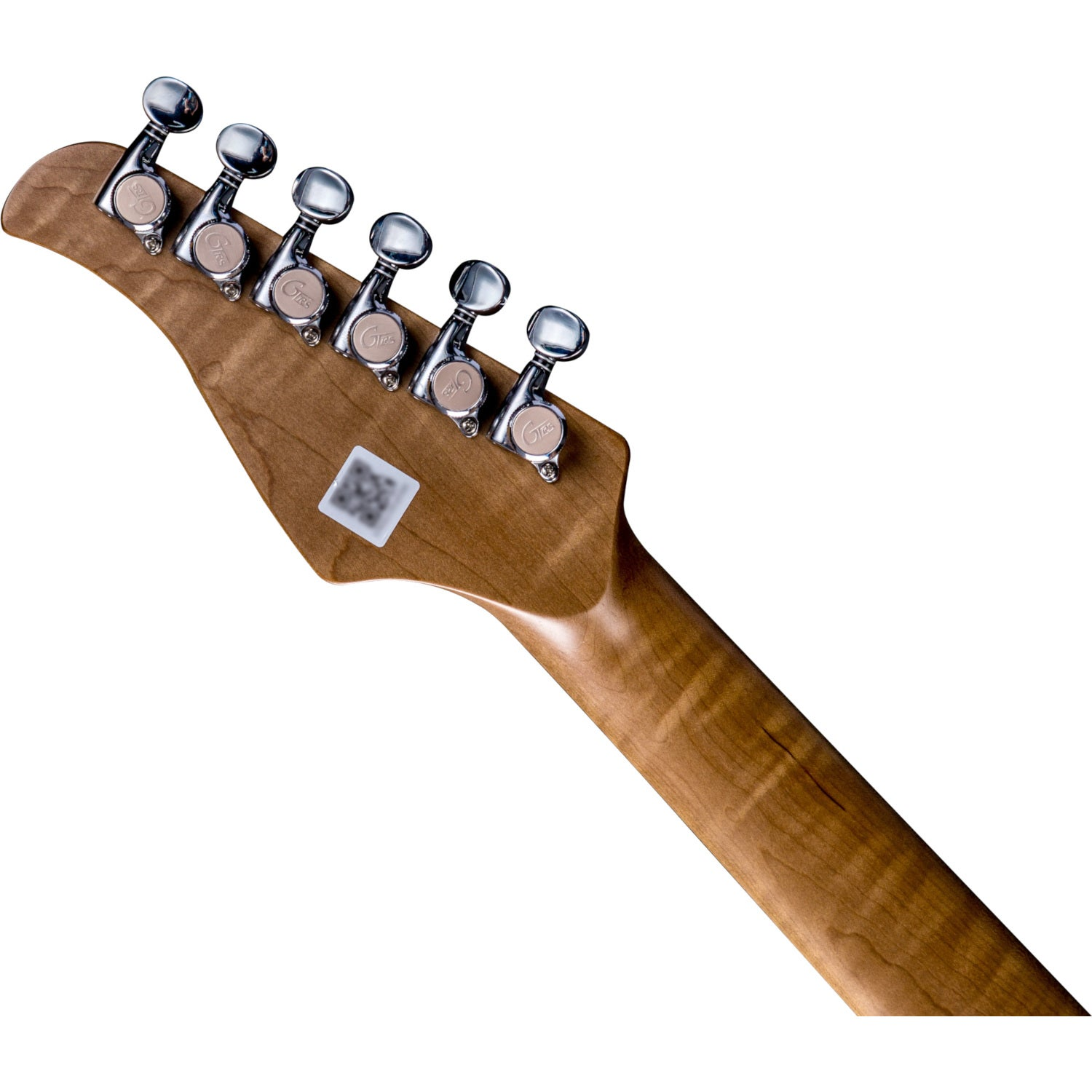 Gitar sapı ve başı, beyaz zeminde altı gümüş akort burgusu ile.