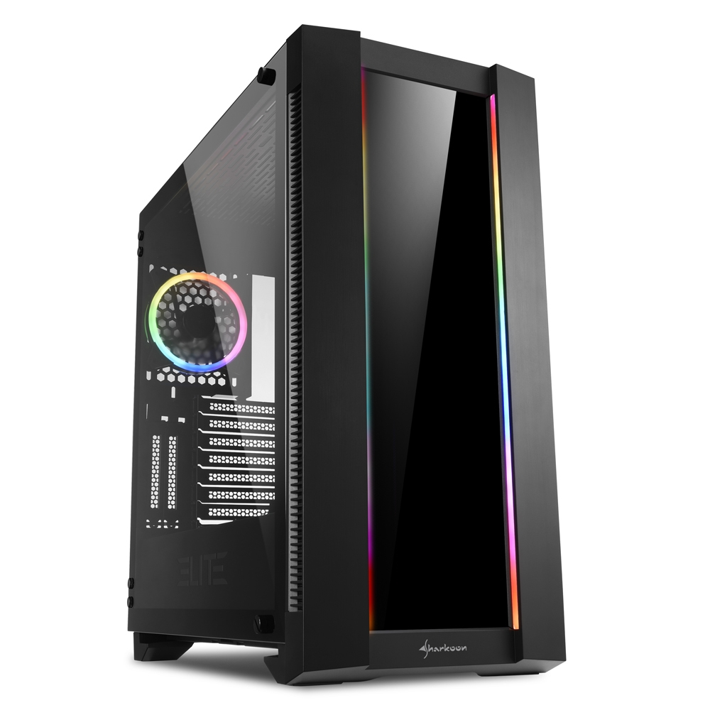 Schwarzes PC-Gehäuse mit Glasfenster, RGB-Lüfter und LED-Beleuchtung.