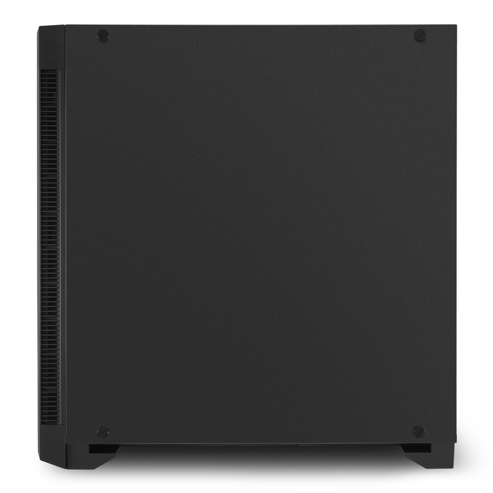 Schwarzes Computergehäuse, Seitenansicht mit Lüftungsschlitzen und Schrauben.