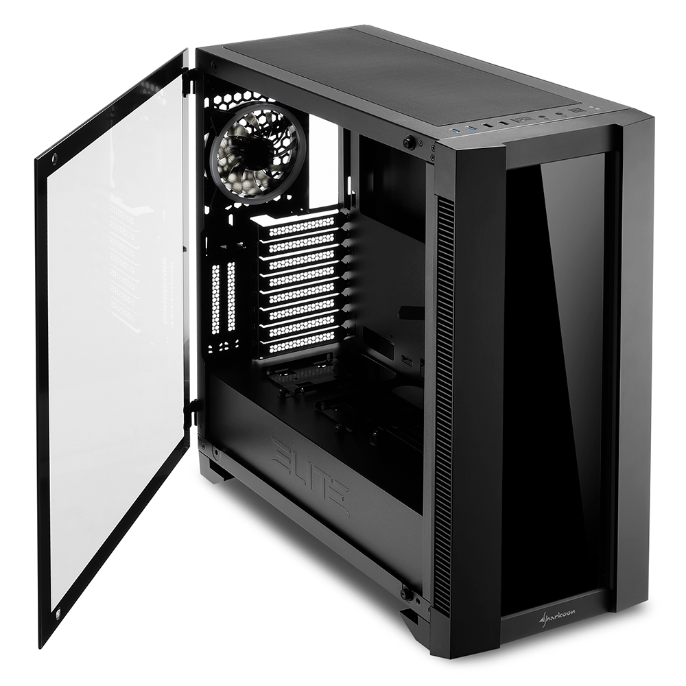 Ein schwarzes Computergehäuse mit offener Glastür, Lüfter und Kabelmanagement.