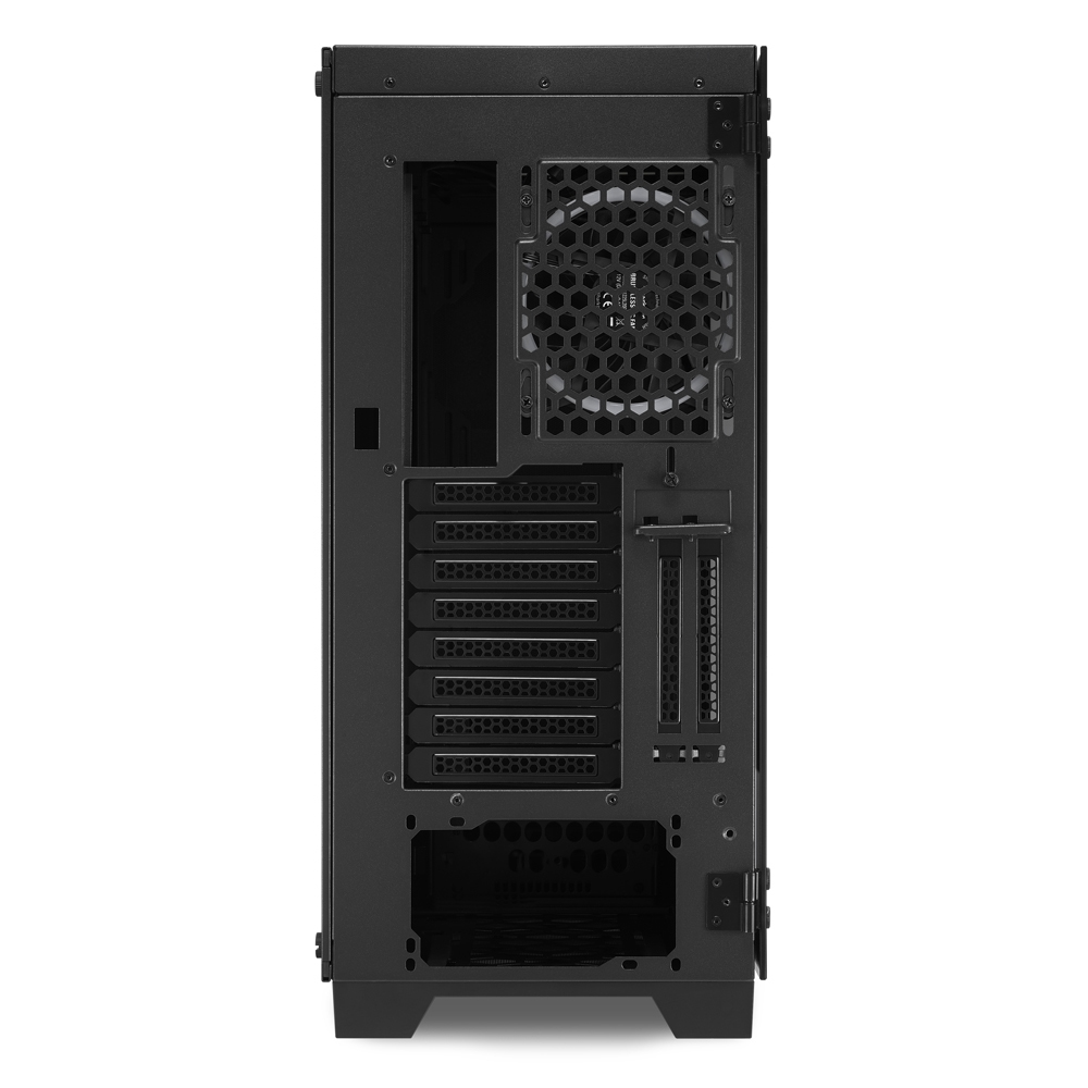 Rückseite eines schwarzen Computergehäuses mit Lüfter und Erweiterungssteckplätzen.