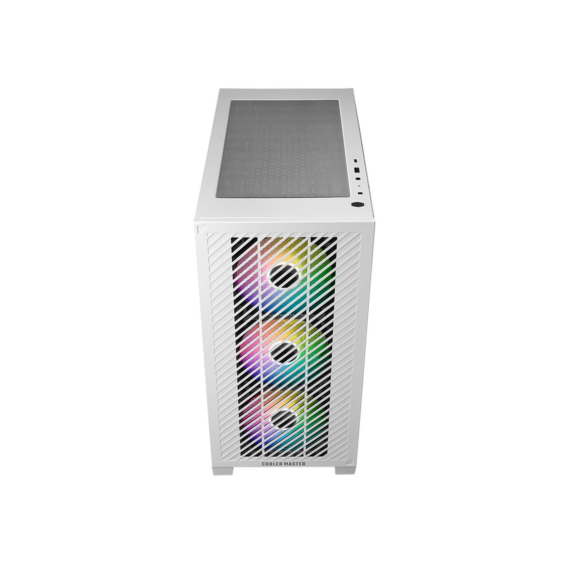 Case del computer bianco con ventole RGB arcobaleno visibili attraverso la griglia anteriore.