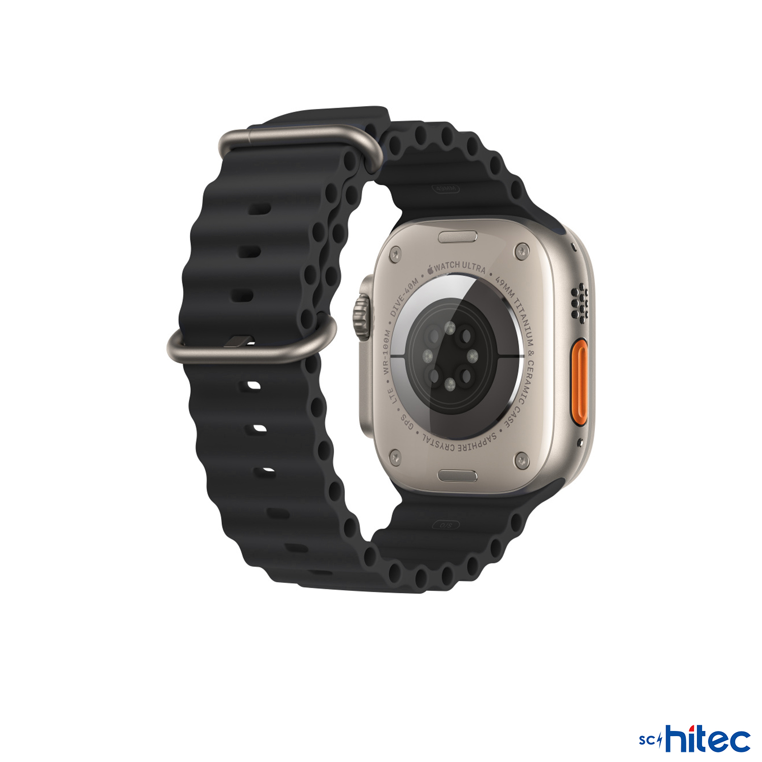 Siyah spor kordonlu gümüş Apple Watch Ultra'nın arka görünümü. Metin detayları WR-100M.