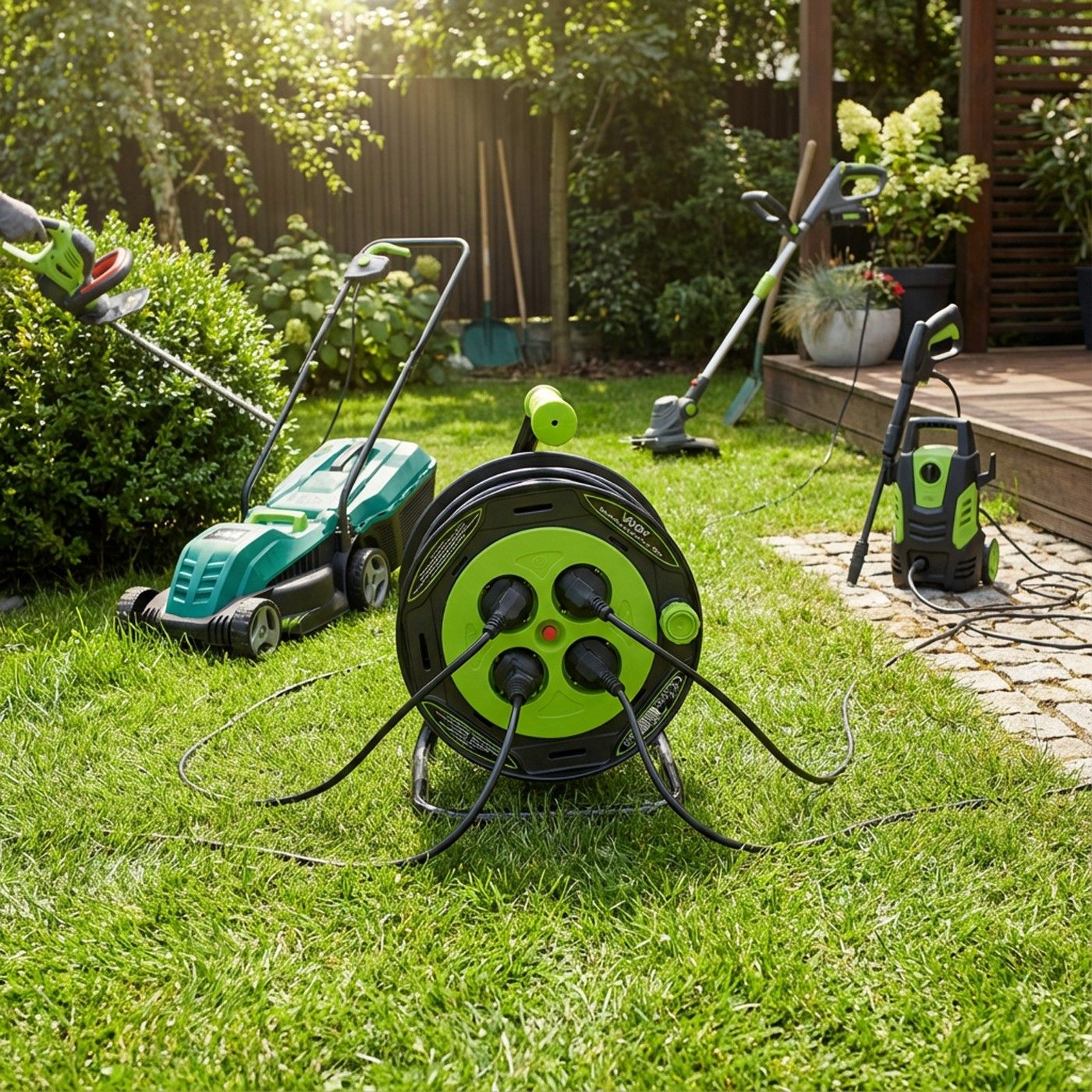 Gartenwerkzeuge: Rasenmäher, Heckenschere, Kabeltrommel, Hochdruckreiniger.