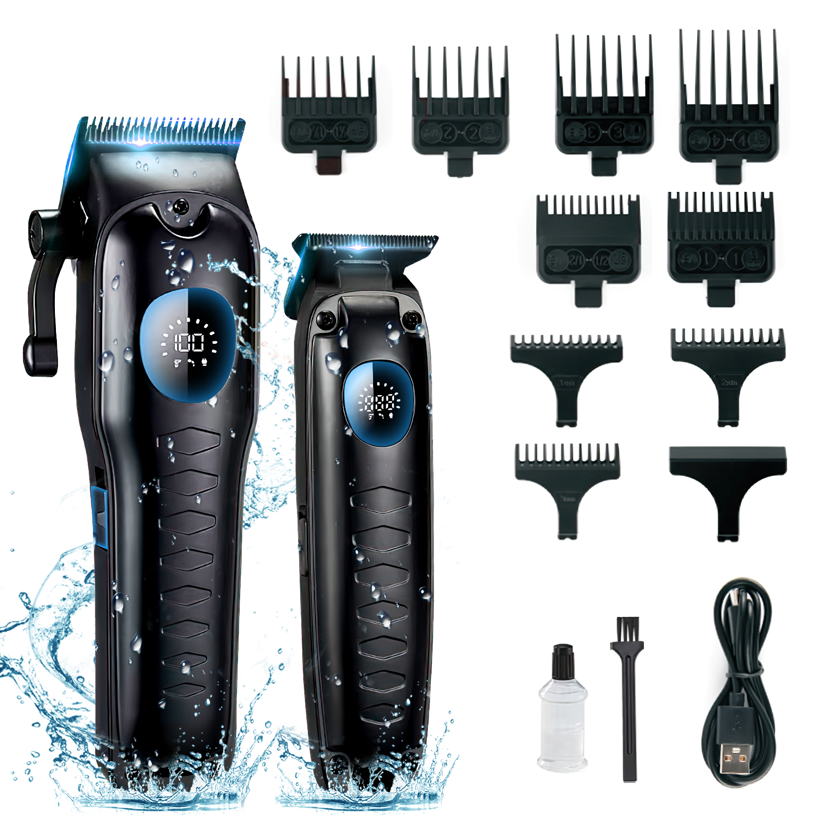 Schwarze Haarschneidemaschinen mit Digitalanzeige und Wasserspritzern, plus Zubehör.