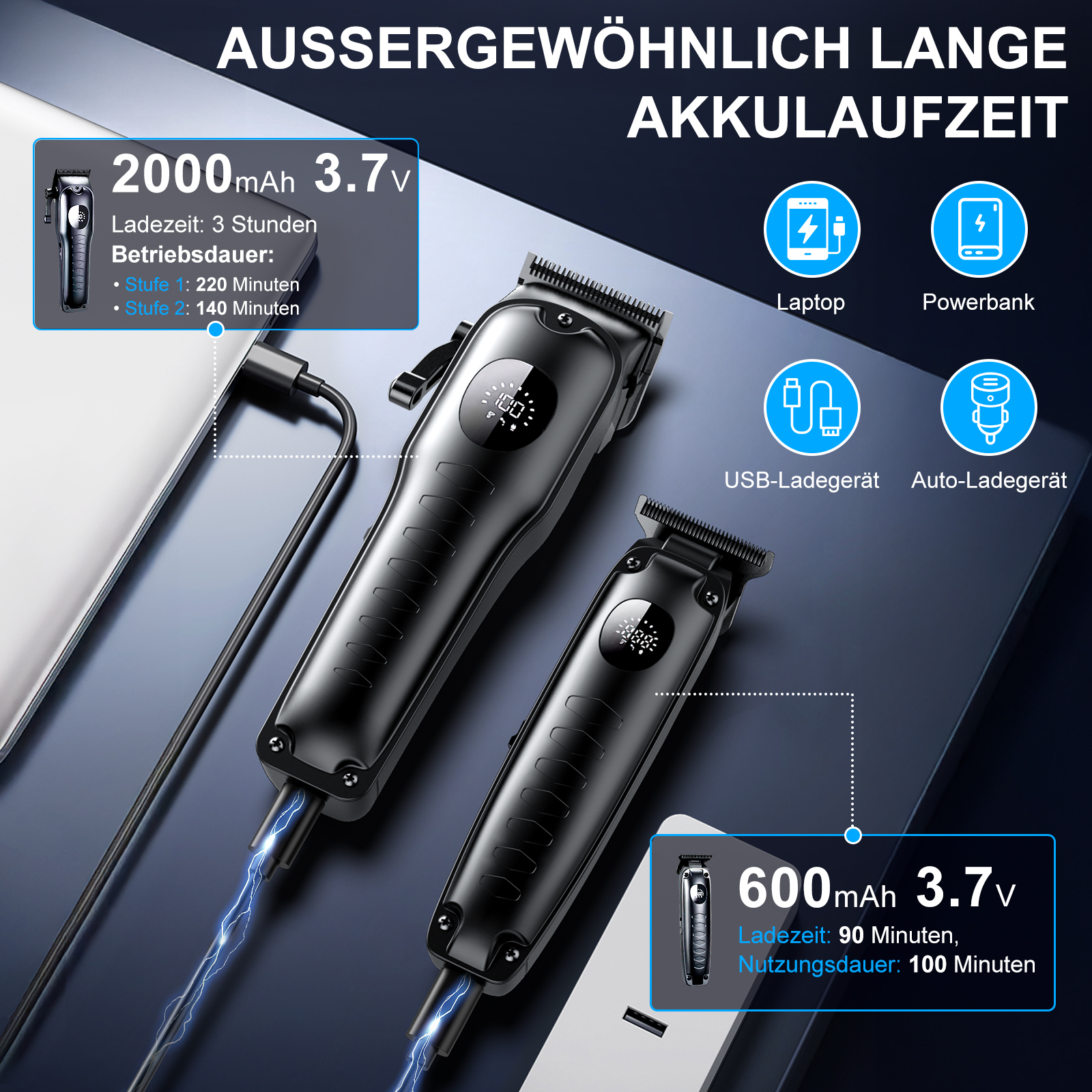 Zwei schwarze Haarschneidemaschinen werden gezeigt, eine lädt über USB.