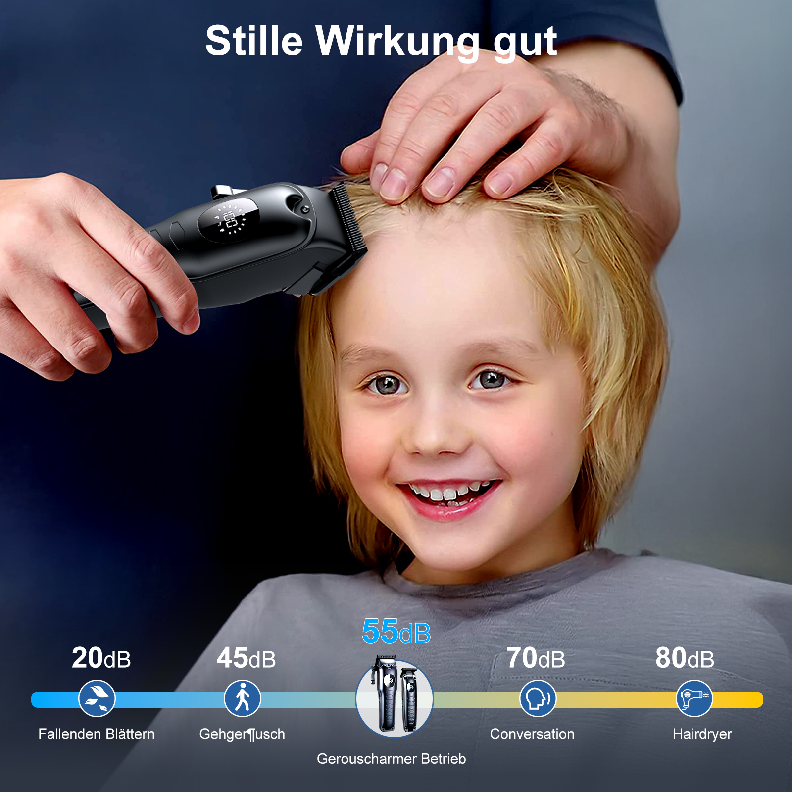 Ein Mann schneidet einem Jungen die Haare mit einem leisen Haarschneider.