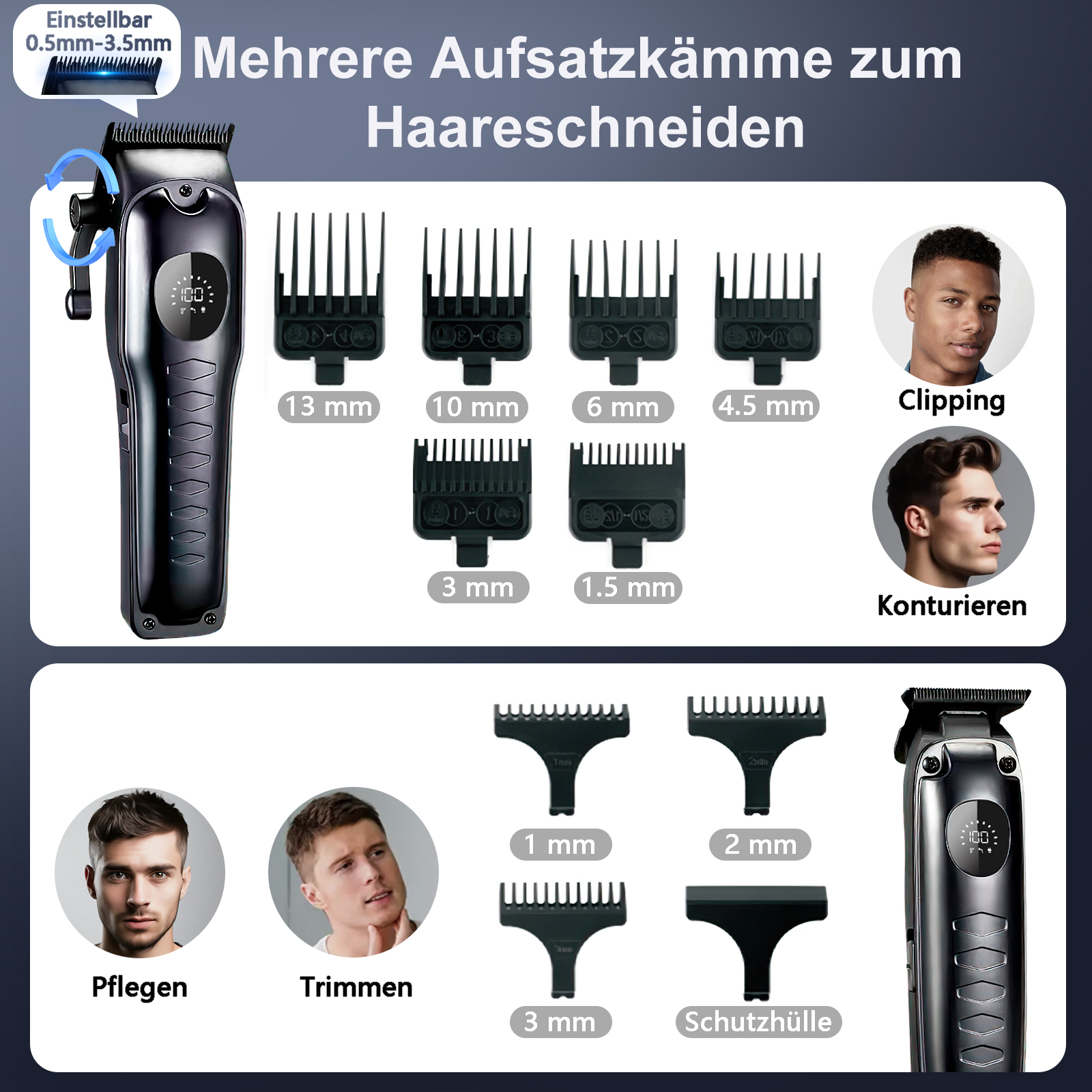Haarschneider mit diversen Aufsätzen, Längenangaben und Männerporträts.
