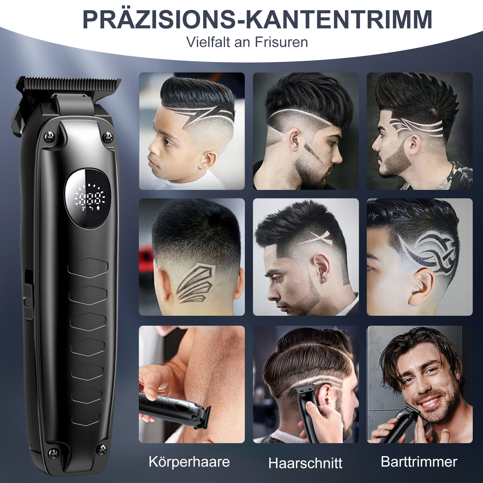 Präzisionskantentrimmer mit verschiedenen Frisuren-Beispielen und Anwendungsszenarien.