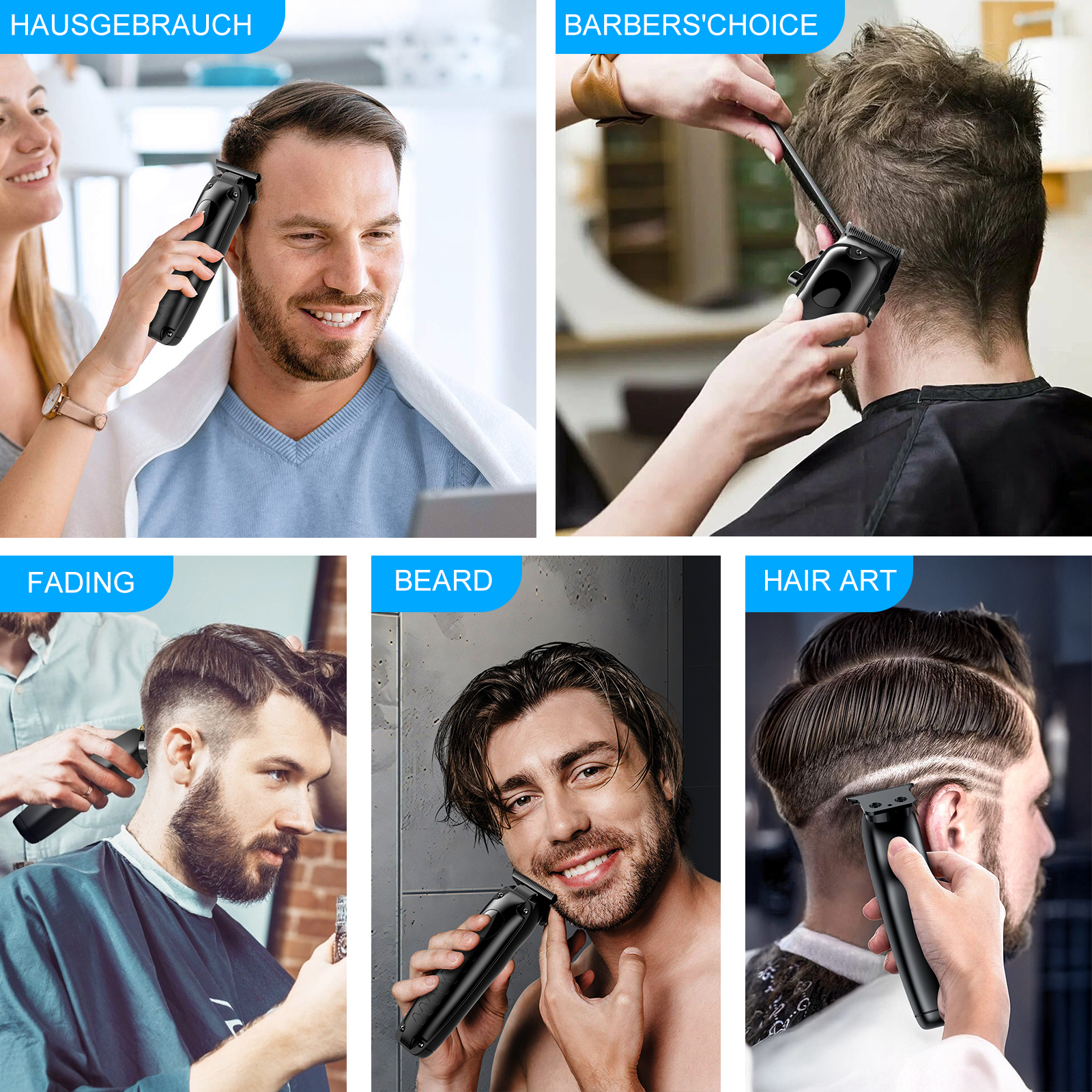 Männer mit Haarschneidern für Haushalt, Friseursalon, Bartpflege und Frisuren.