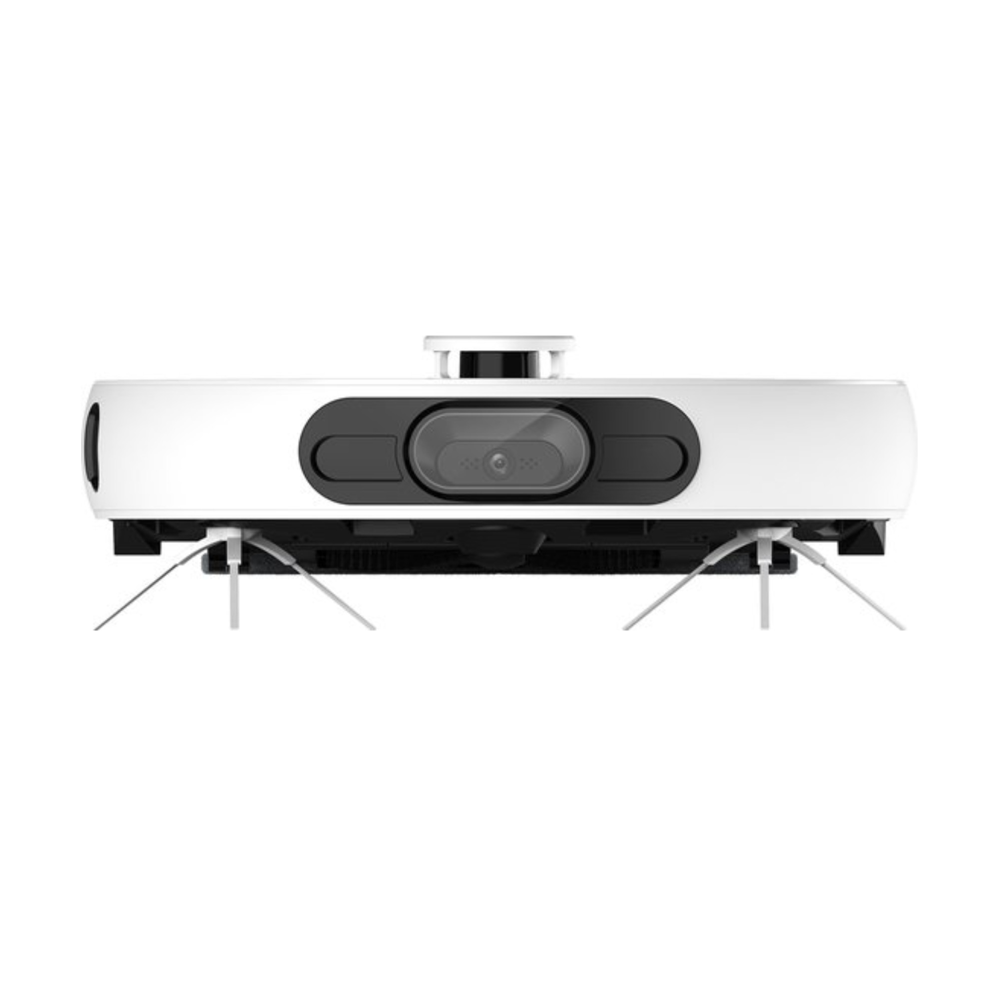 Een witte robotstofzuiger met zwarte voorkant en camera.