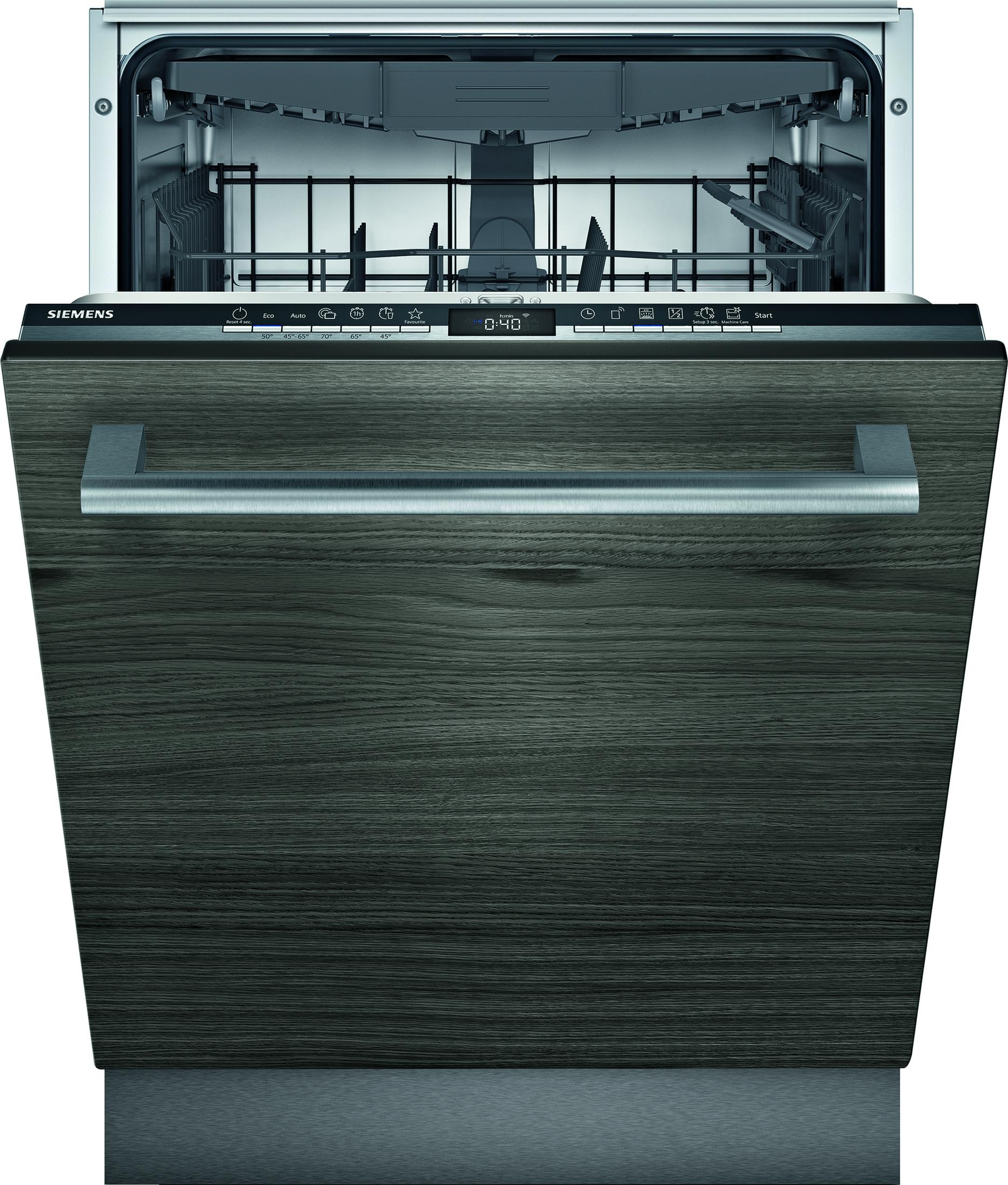 A modern, dark wood dishwasher with a silver handle and control panel.
