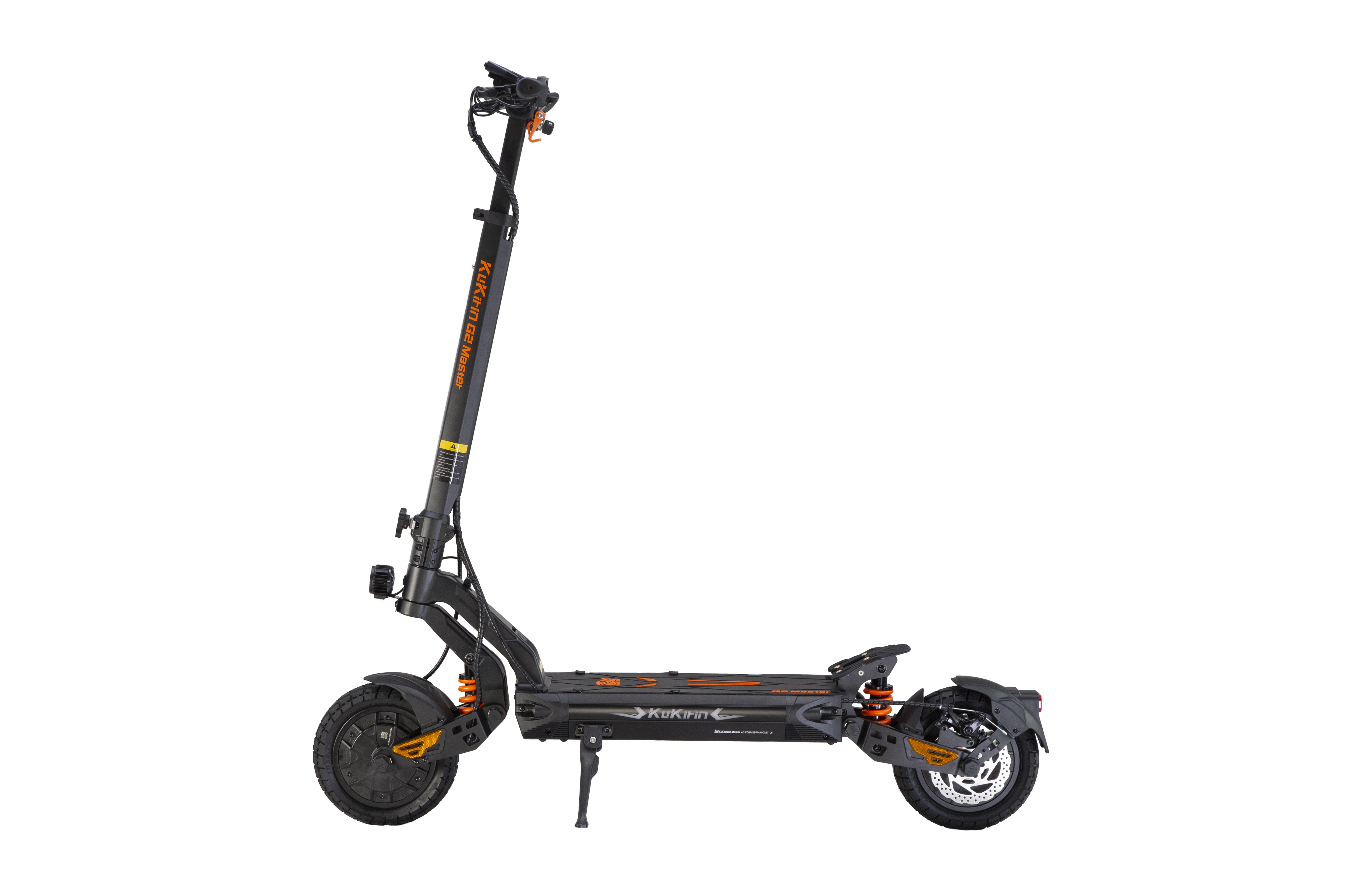 Uno scooter elettrico nero con accenti arancioni e marchio 'Kukirin G2 Master'.