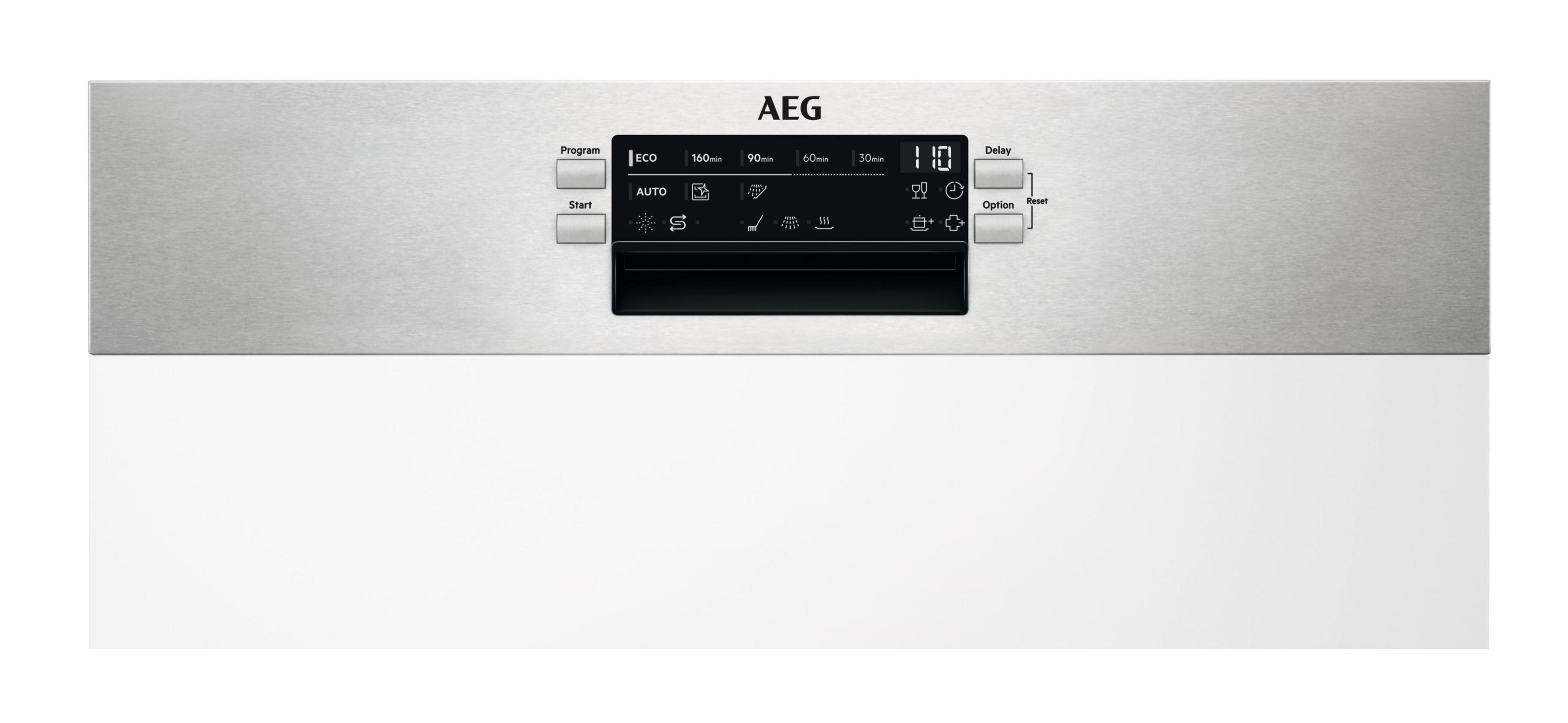 AEG vaatwasser bedieningspaneel met programmakeuze, tijdaanduidingen en iconen.