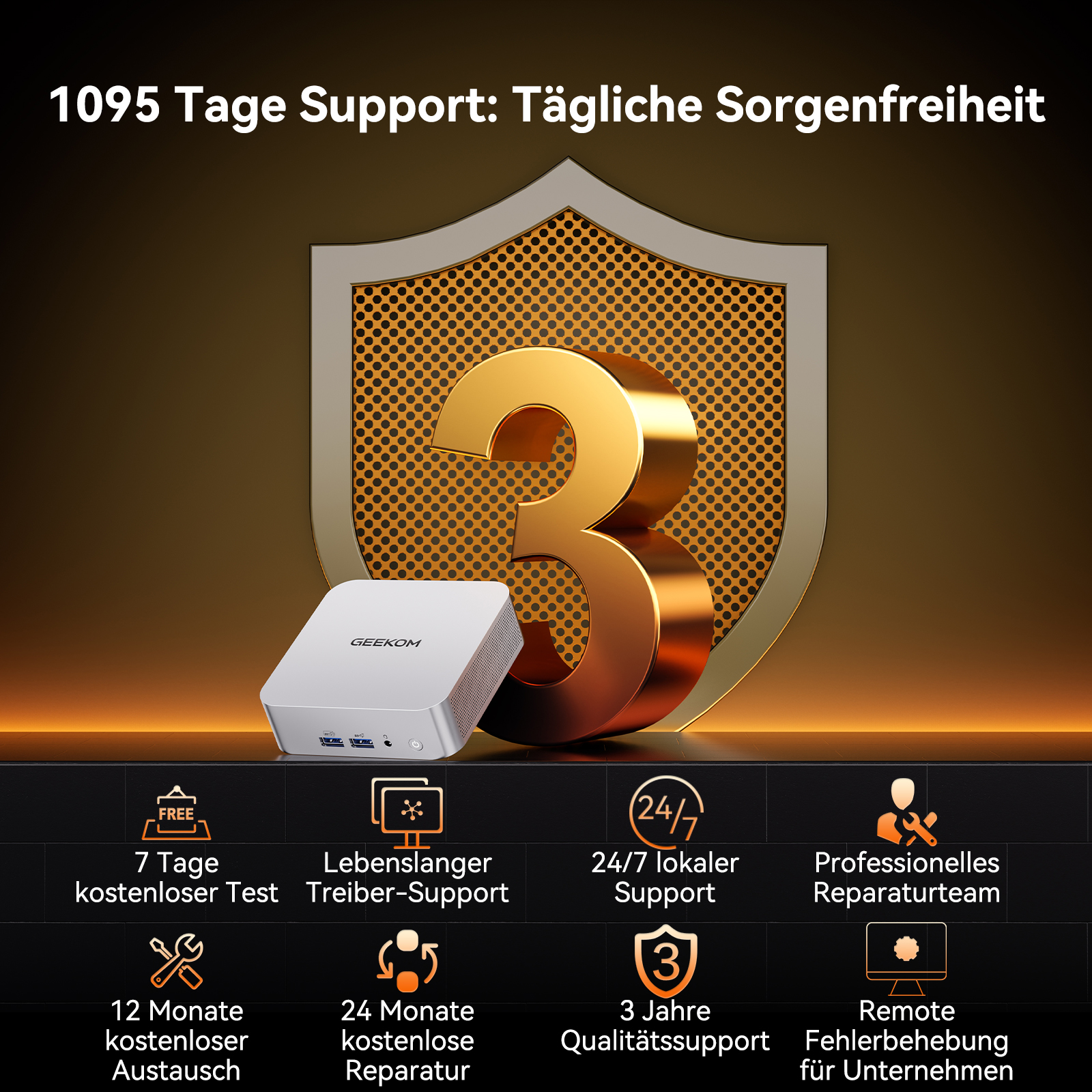 GEEKOM Mini-PC mit Schild und goldener 3. Bietet Support-Optionen.