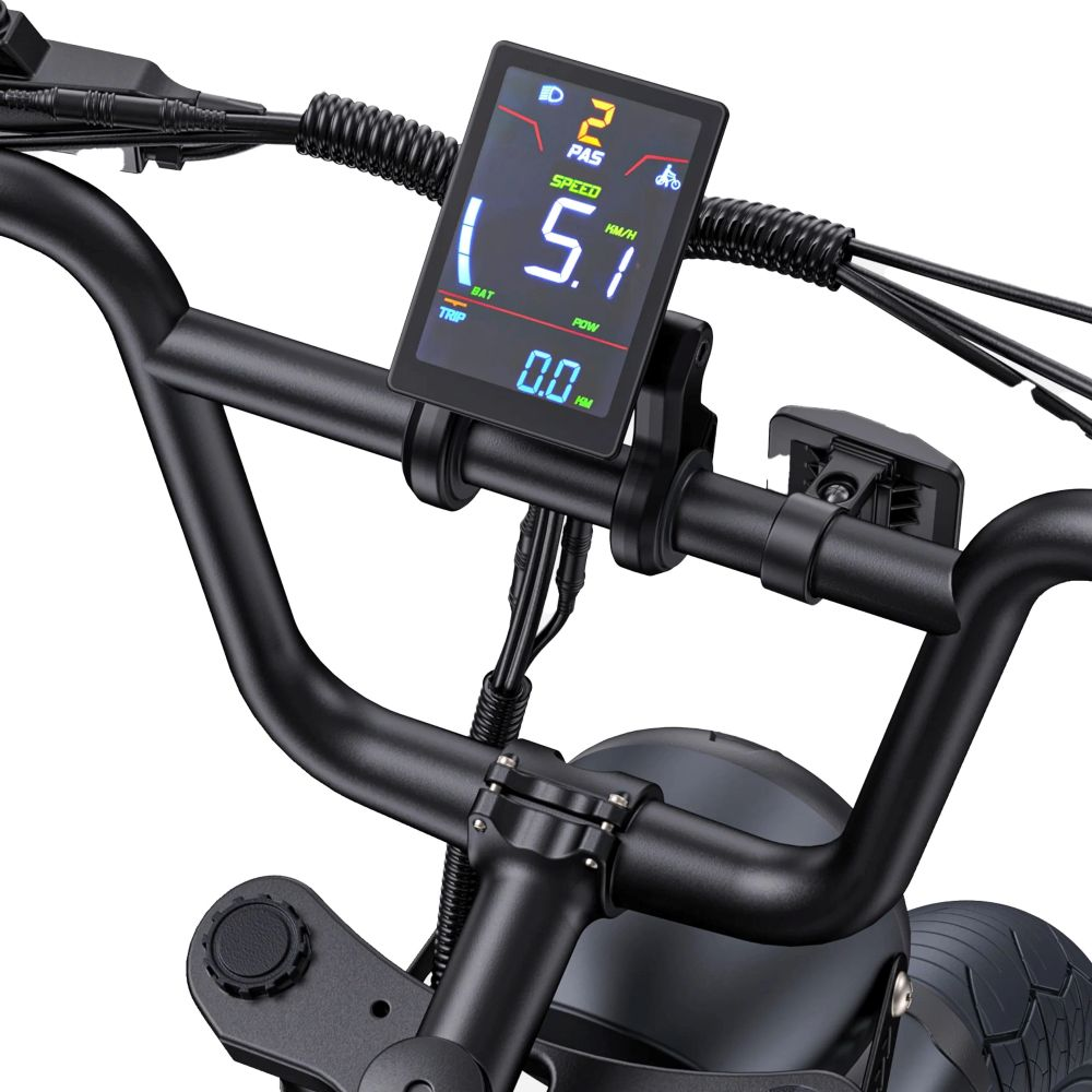 Pantalla digital de bicicleta que muestra velocidad, viaje y estado de la batería.