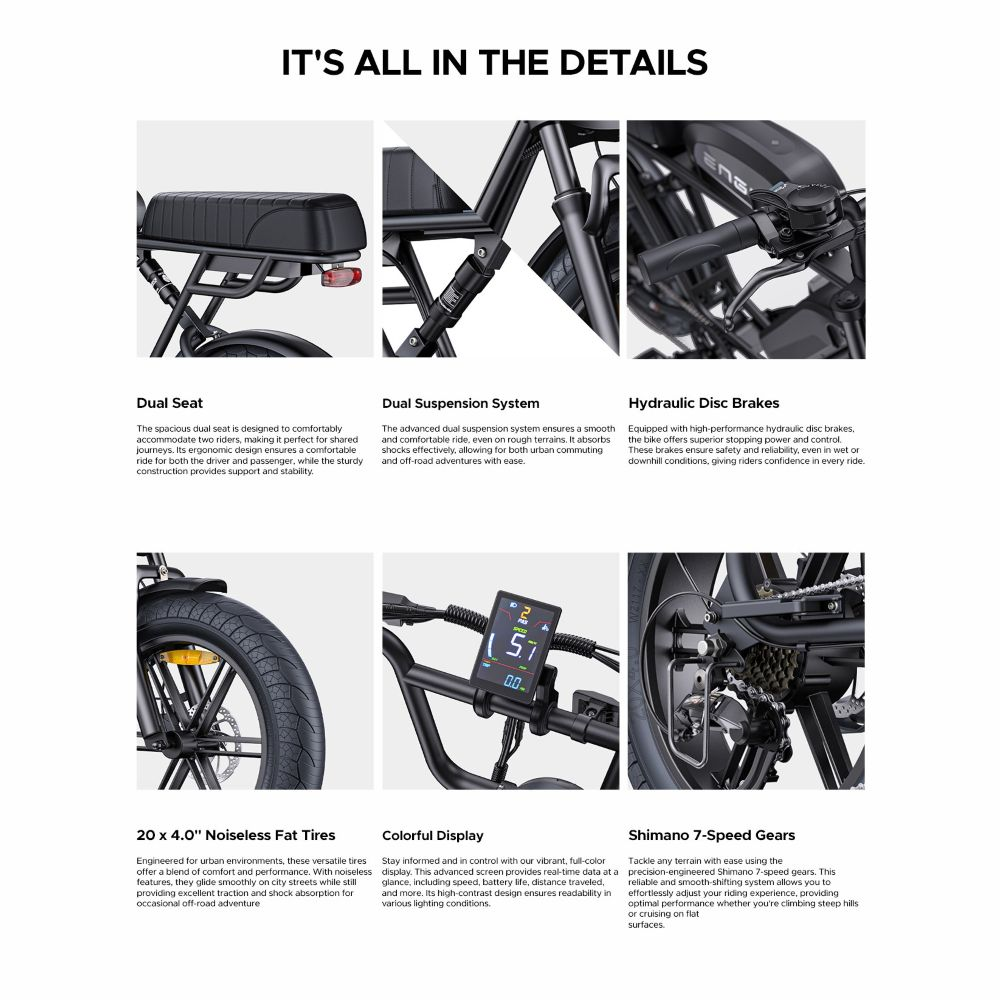 Detalles de la e-bike: asiento doble, suspensión, frenos de disco, llantas anchas.