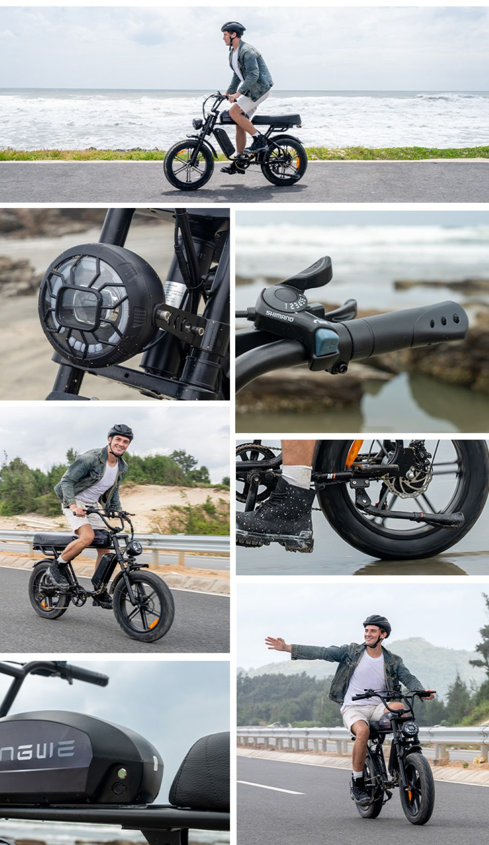 Hombre monta bici eléctrica junto al mar. Primeros planos de faro y maneta.
