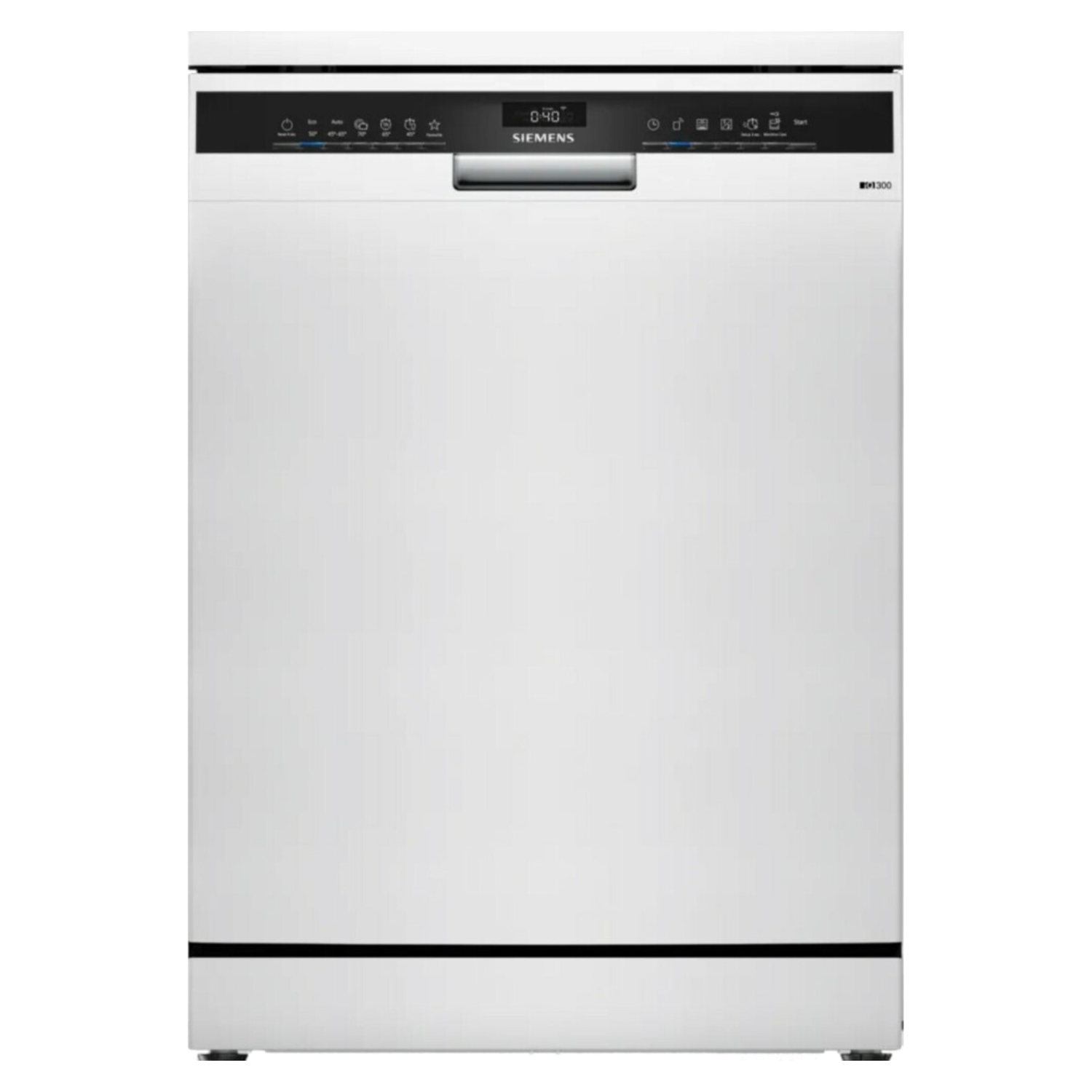 Biała zmywarka Siemens z czarnym panelem sterowania i cyfrowym wyświetlaczem.