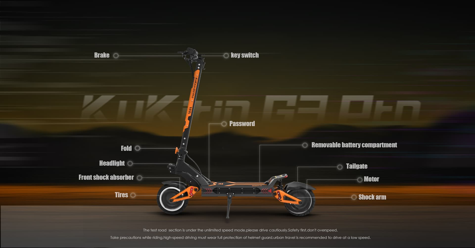 Uno scooter elettrico nero e arancione con etichette che indicano parti come freno, luce e pneumatici.