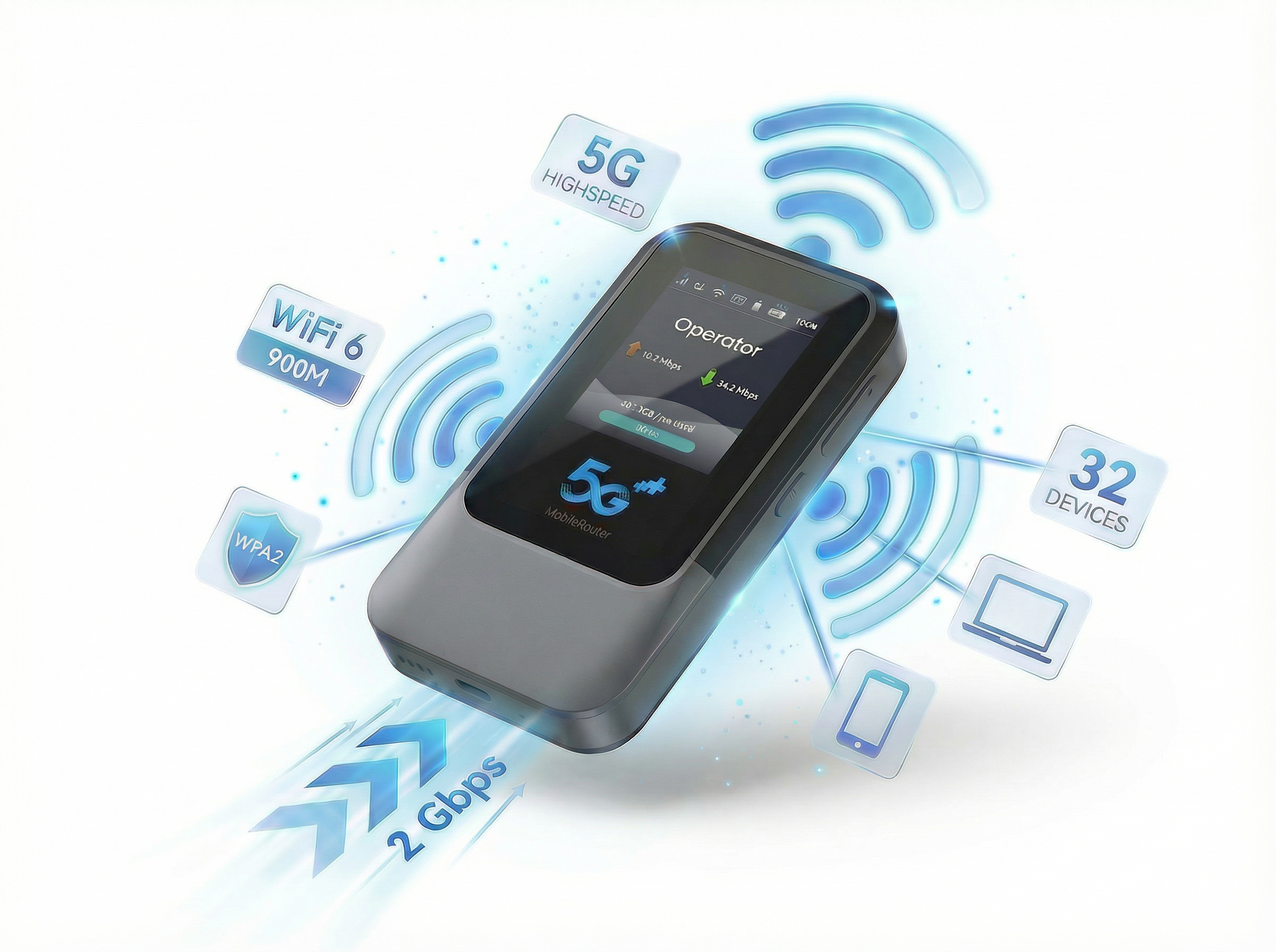Ein 5G-Mobilrouter mit WiFi 6, 900M, WPA2, 32 Geräten und 2 Gbps.