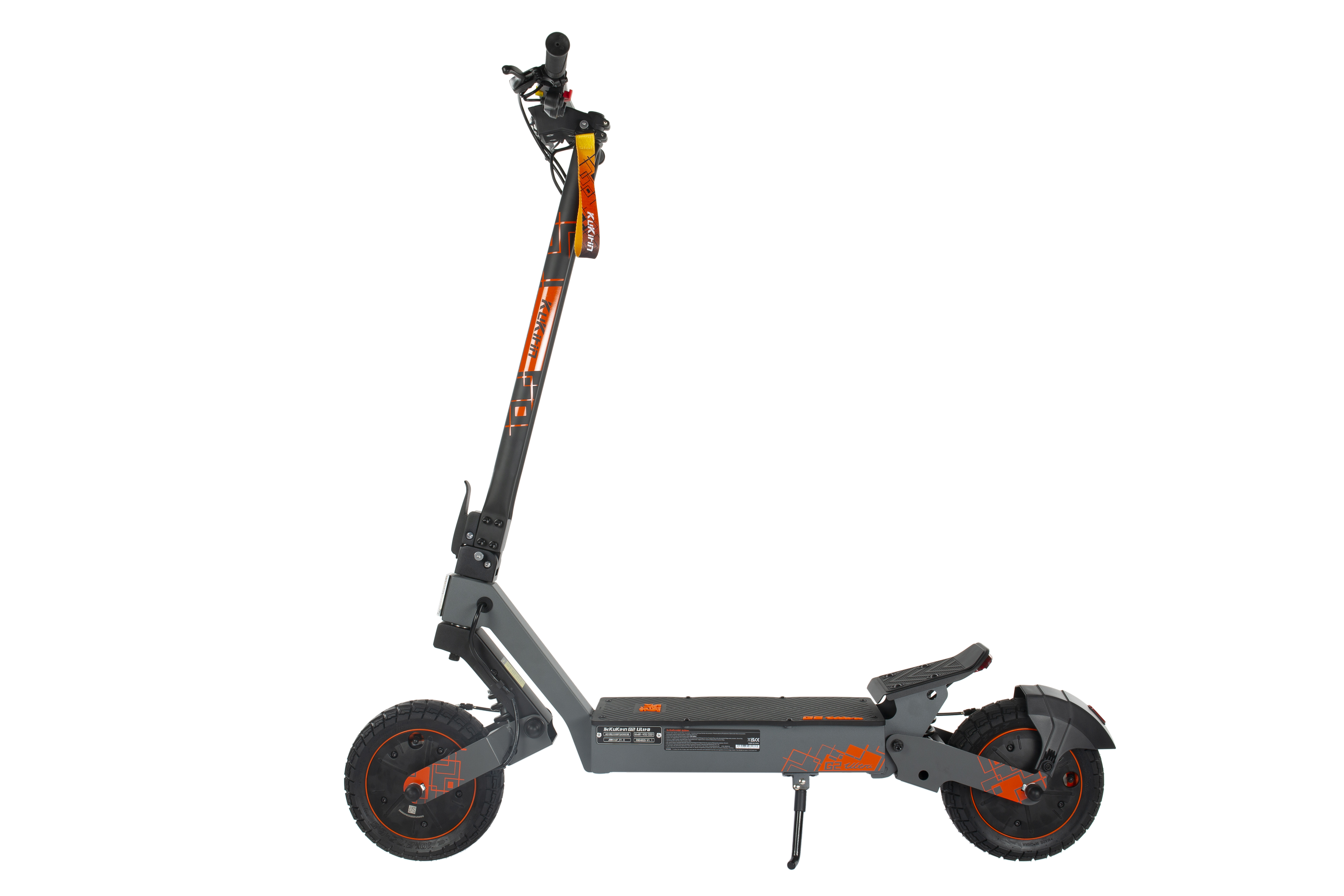 Grauer Elektroroller mit orangefarbenen Akzenten, auf weißem Hintergrund.