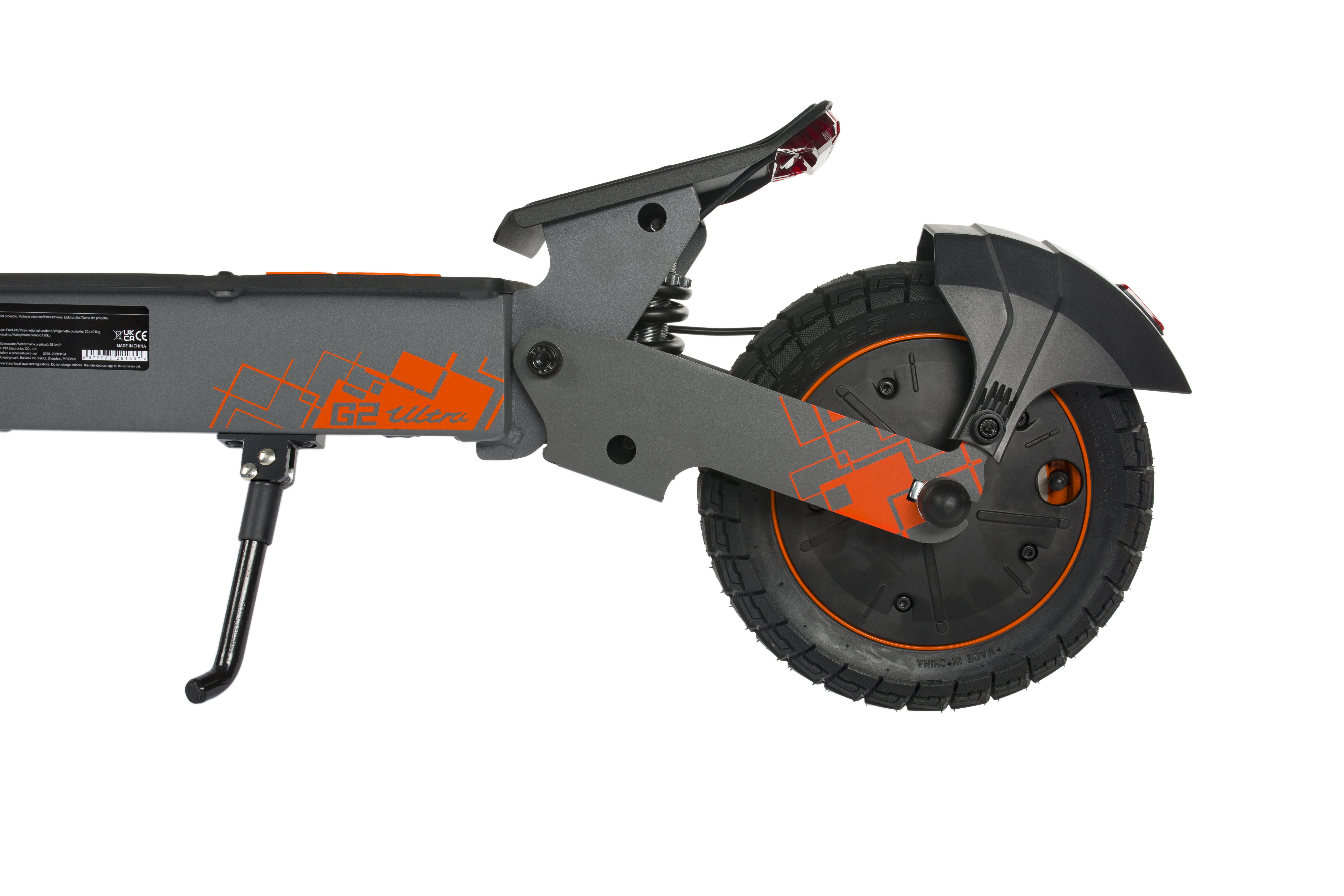 Grauer Elektroroller mit orangefarbenen Akzenten, schwarzem Rad und Ständer.