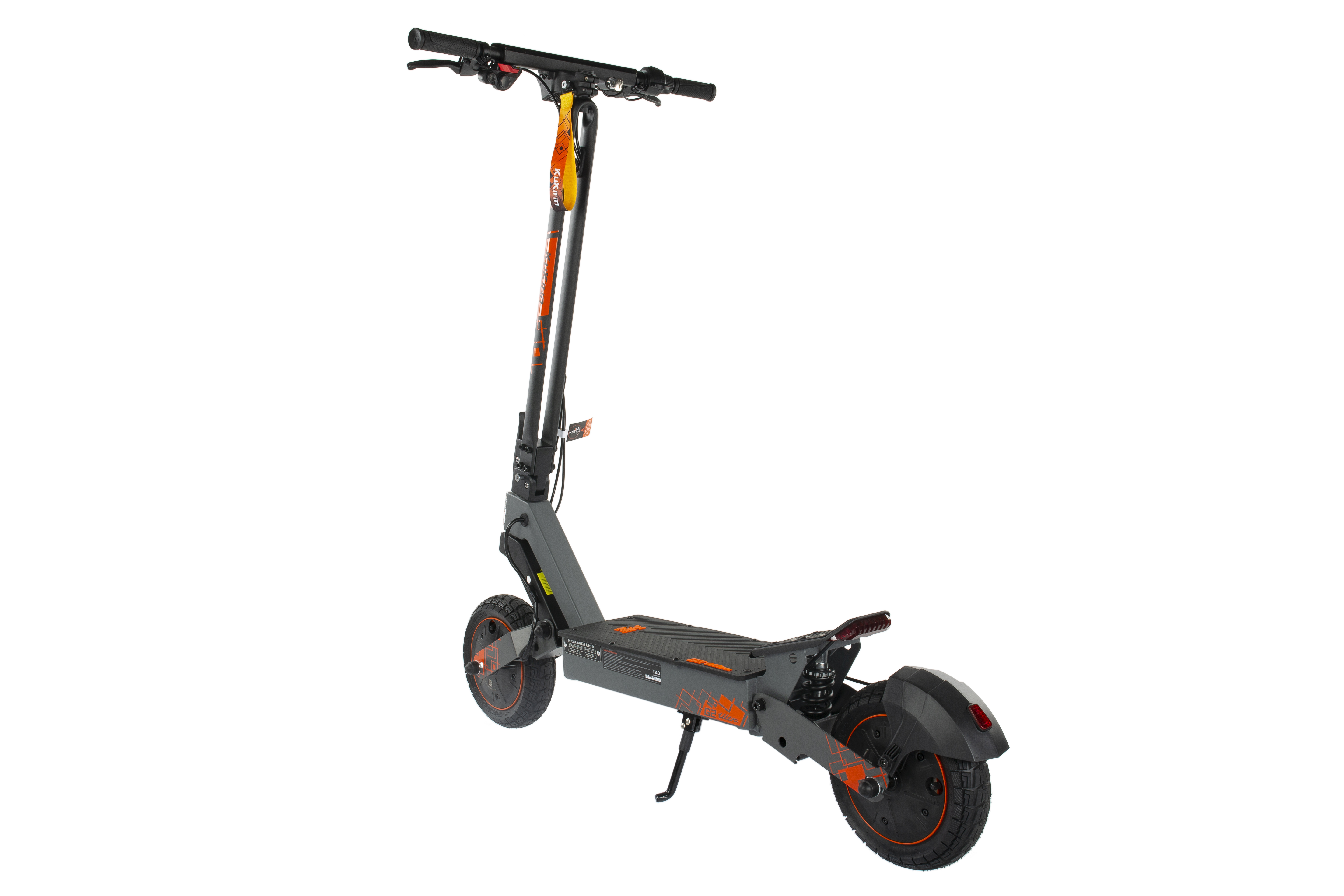 Grauer Elektroroller mit orangen Akzenten, weißer Hintergrund.