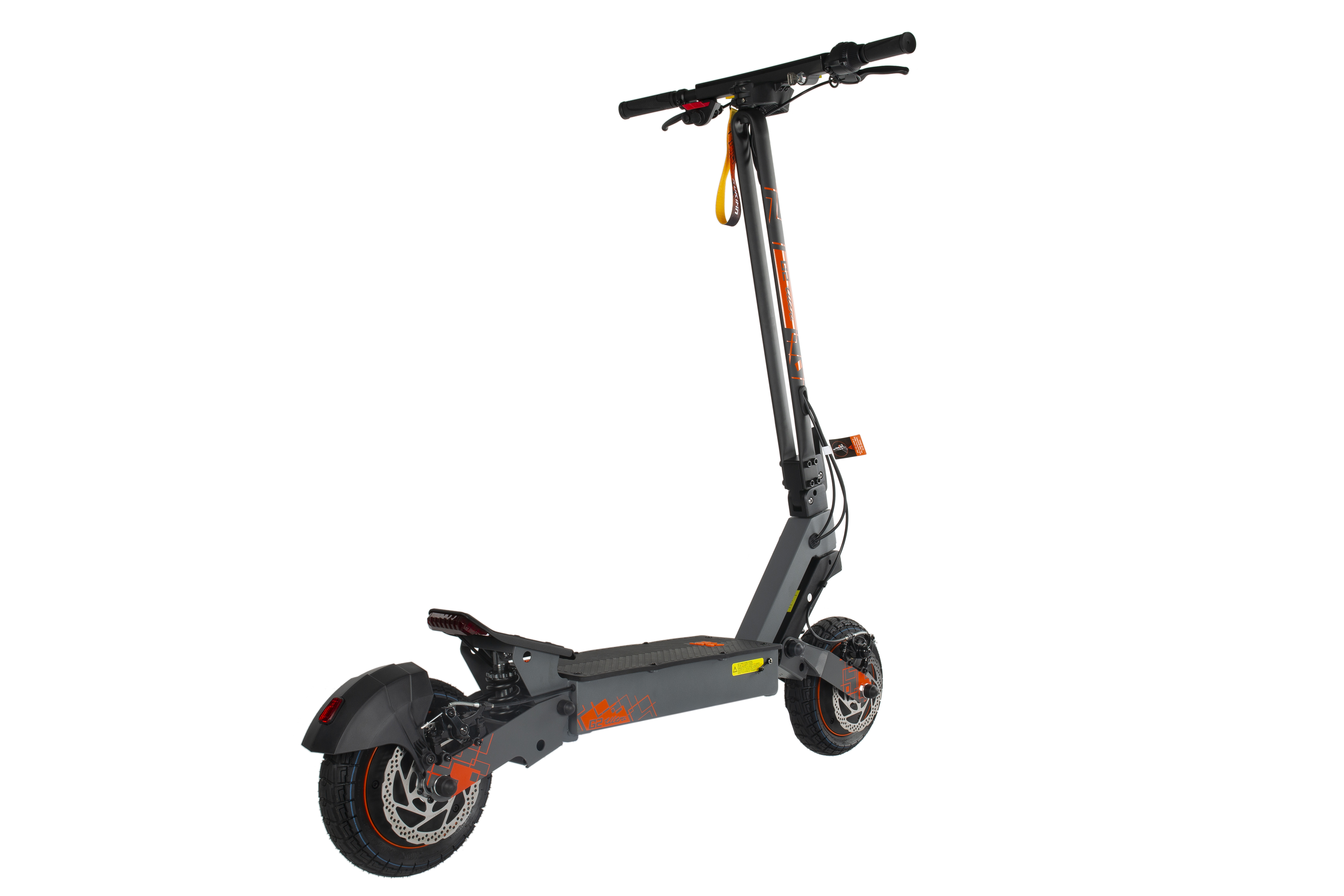 Grauer Elektroroller mit orangefarbenen Akzenten, Scheibenbremsen und LED-Rücklicht.